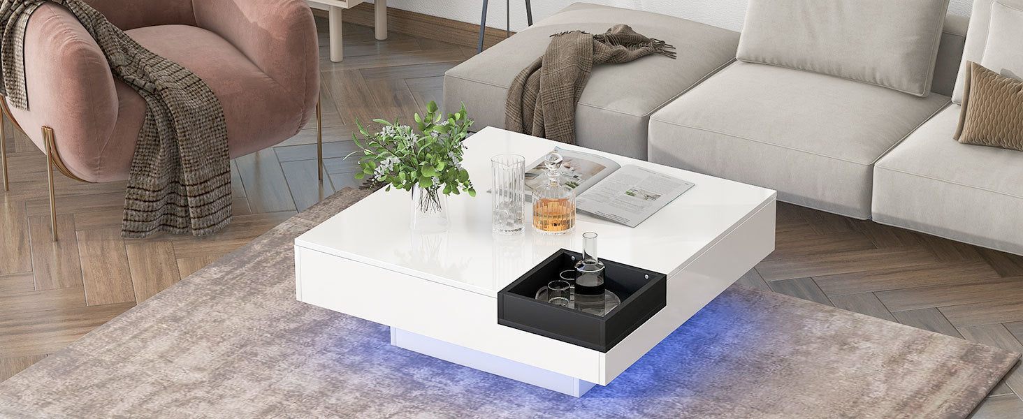 Modern Minimalist Design 31.5*31.5In Square Coffee Table With Detachable Tray And Plug In 16 Color Led Strip Lights Remote Control For Living Room Old Sku: Wf291303Aak White Mdf