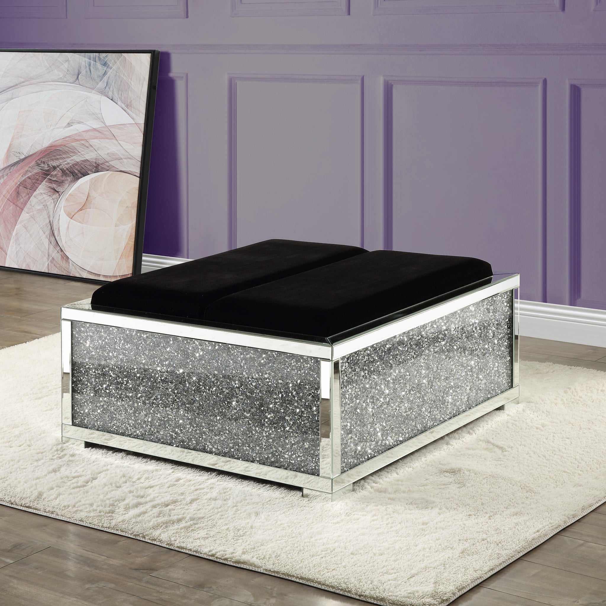 Noralie Ottoman W Storage Mirrored & Faux Diamonds Ac00531 Silver Glass