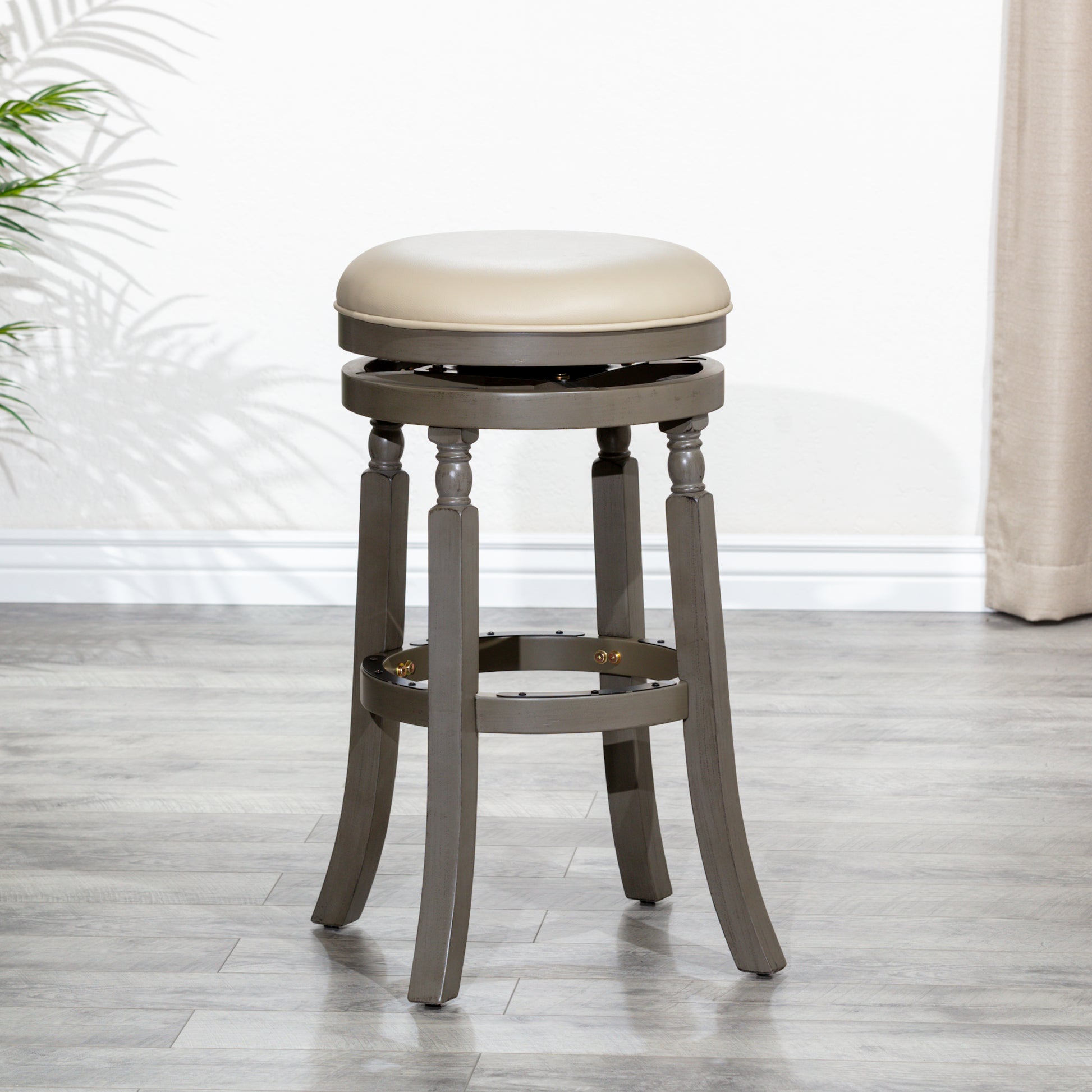 30" Bar Stool, Weathered Gray Finish, French Gray Leather Seat Gray Bonded Leather