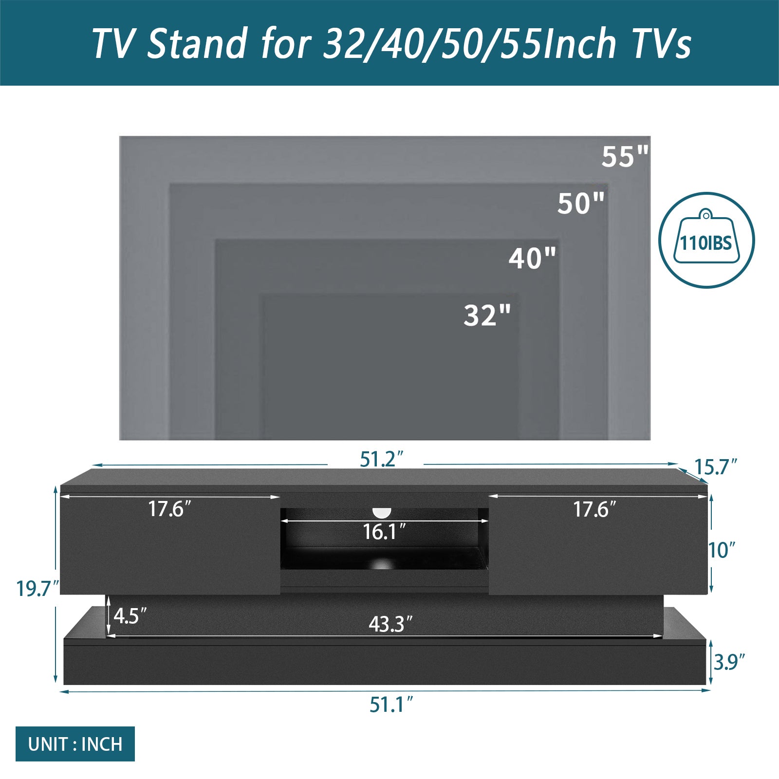 51.18inch Black morden TV Stand with LED Lights,high black-primary living space-50 inches-50-59