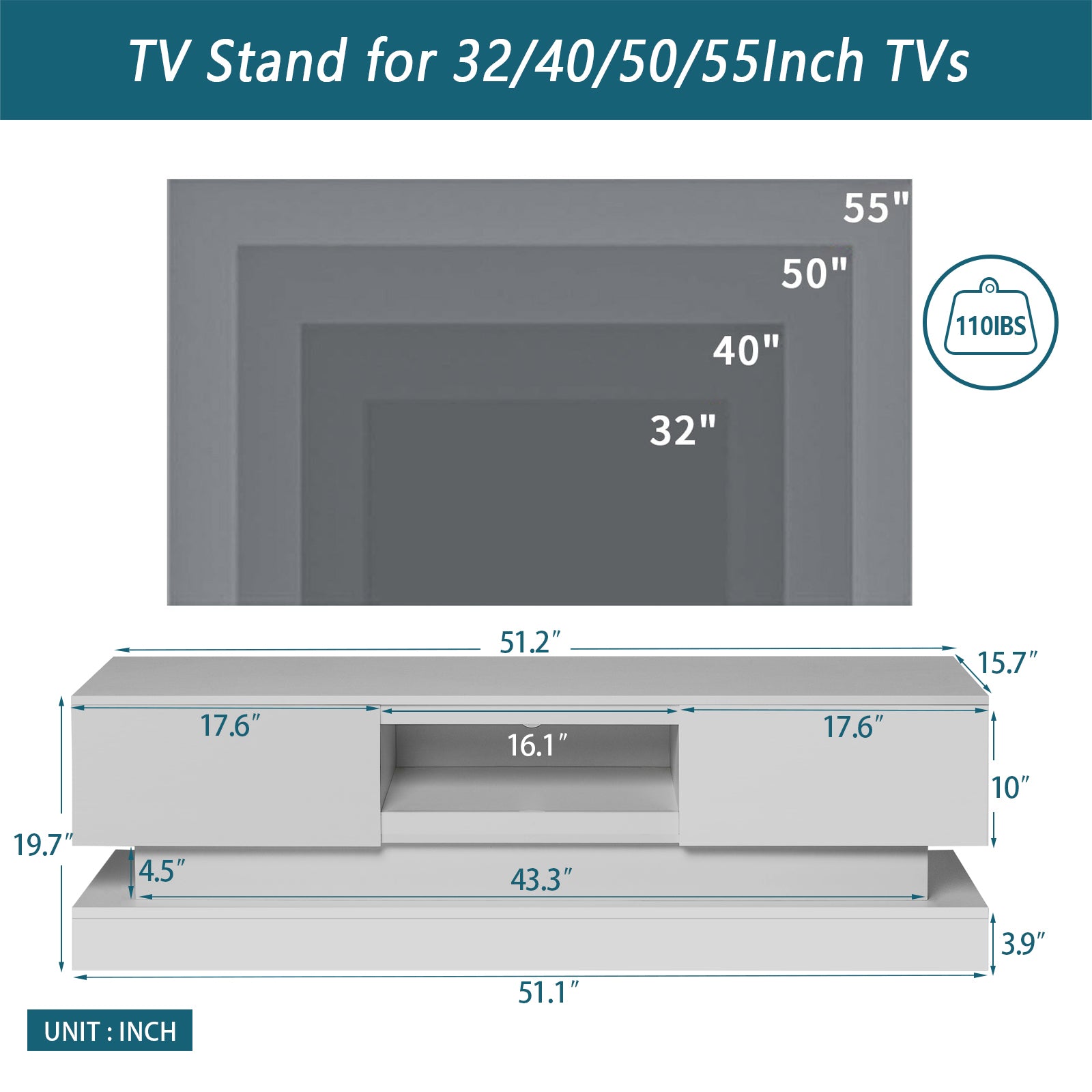 51.18inch WHITE morden TV Stand with LED Lights,high white-primary living space-50 inches-50-59