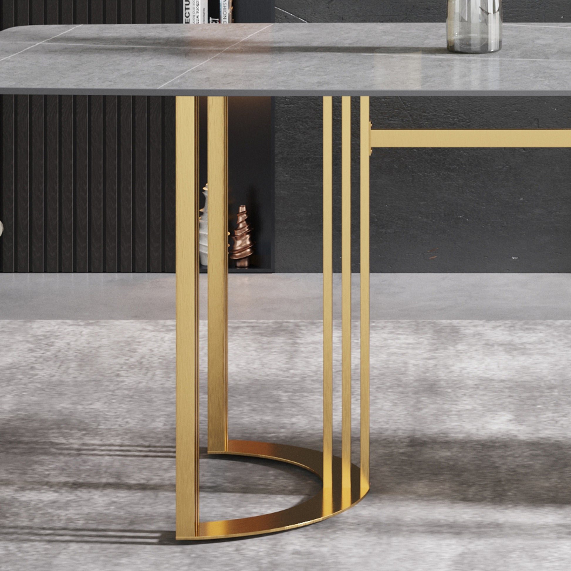 70.87"Modern Artificial Stone Gray Curved Golden Metal Leg Dining Table Can Accommodate 6 8 People Gray Metal Sintered Stone