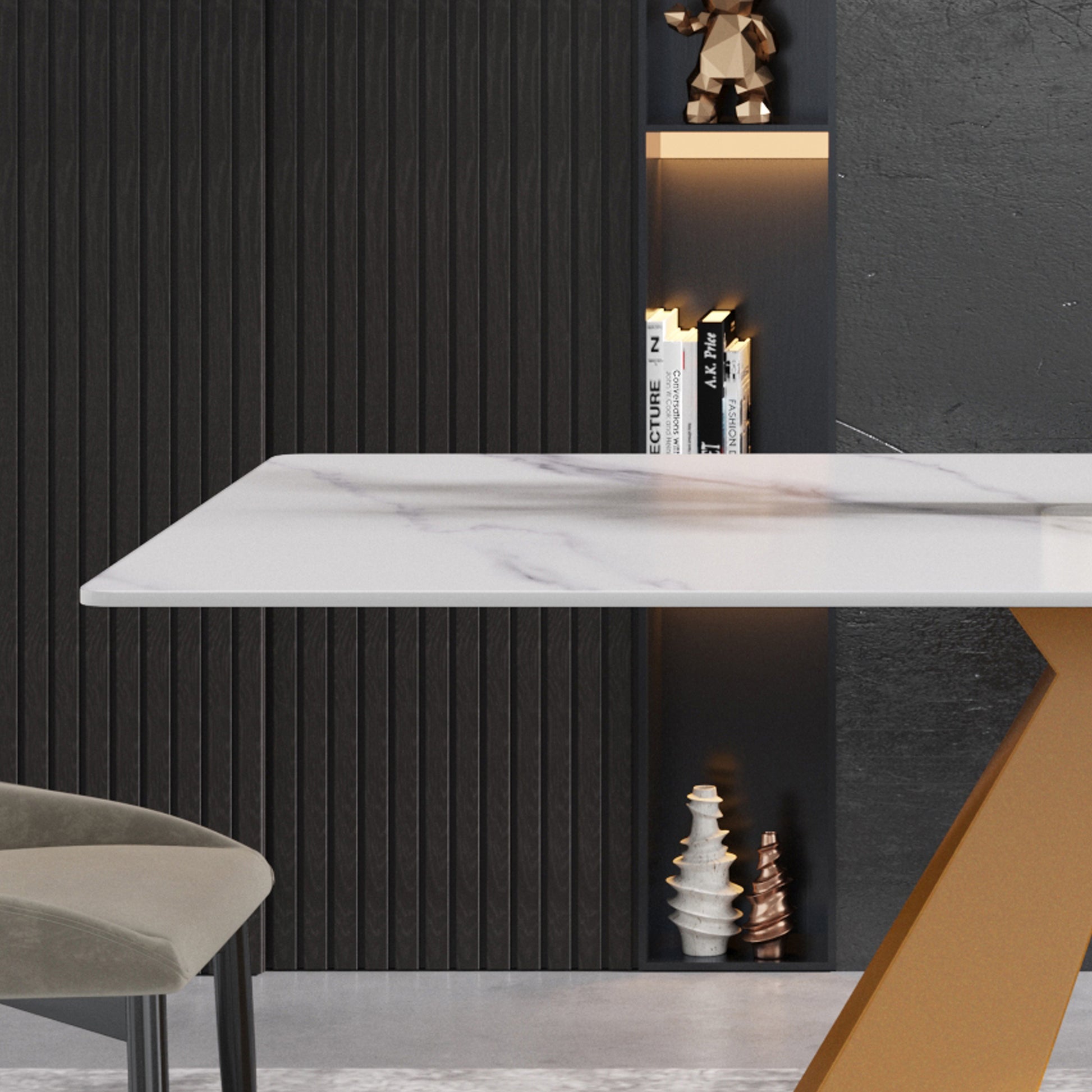 63"Modern Artificial Stone White Straight Edge Golden Metal Leg Dining Table 6 People White Metal Sintered Stone