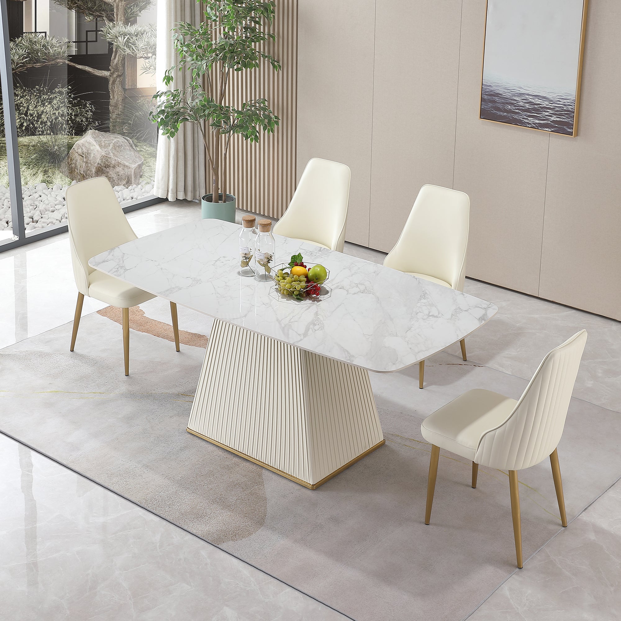 71 Inch Stone DiningTable with Carrara White color and beige-sintered stone-carbon steel