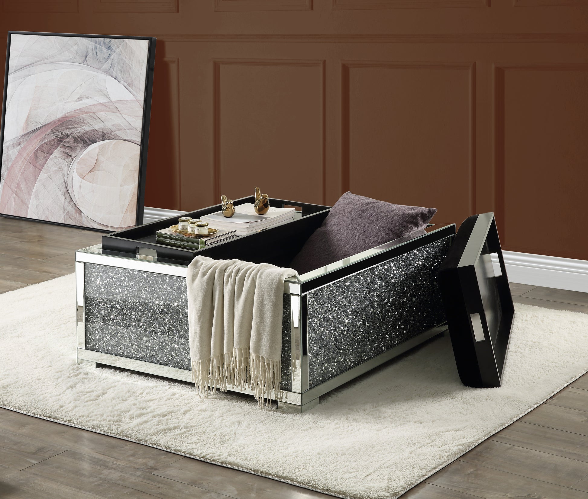 Noralie Ottoman W Storage Mirrored & Faux Diamonds Ac00531 Silver Glass