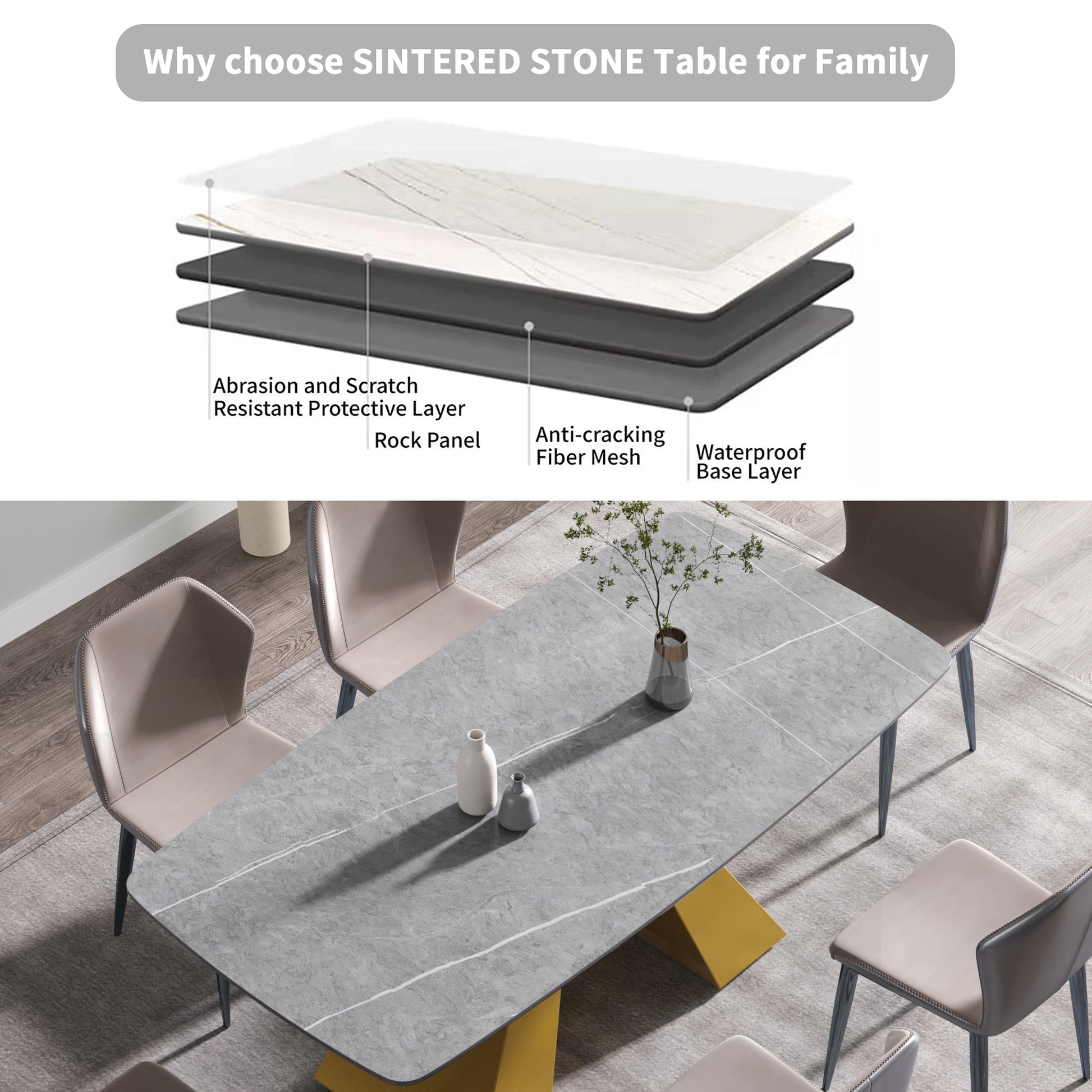 70.87"Modern Artificial Stone Gray Curved Golden Metal Leg Dining Table Can Accommodate 6 8 People Gray Metal Sintered Stone