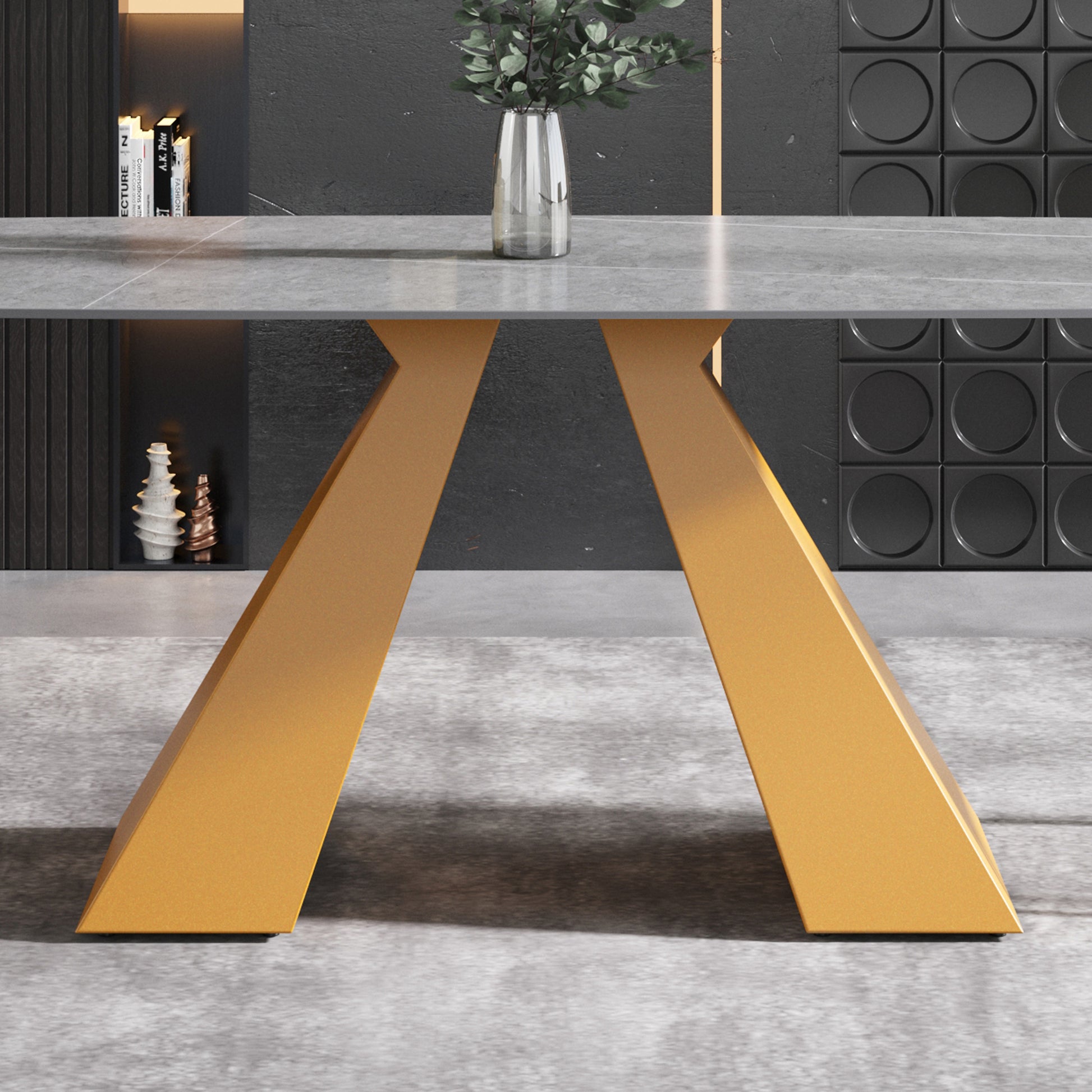 70.87"Modern Artificial Stone Gray Curved Golden Metal Leg Dining Table Can Accommodate 6 8 People Gray Metal Sintered Stone