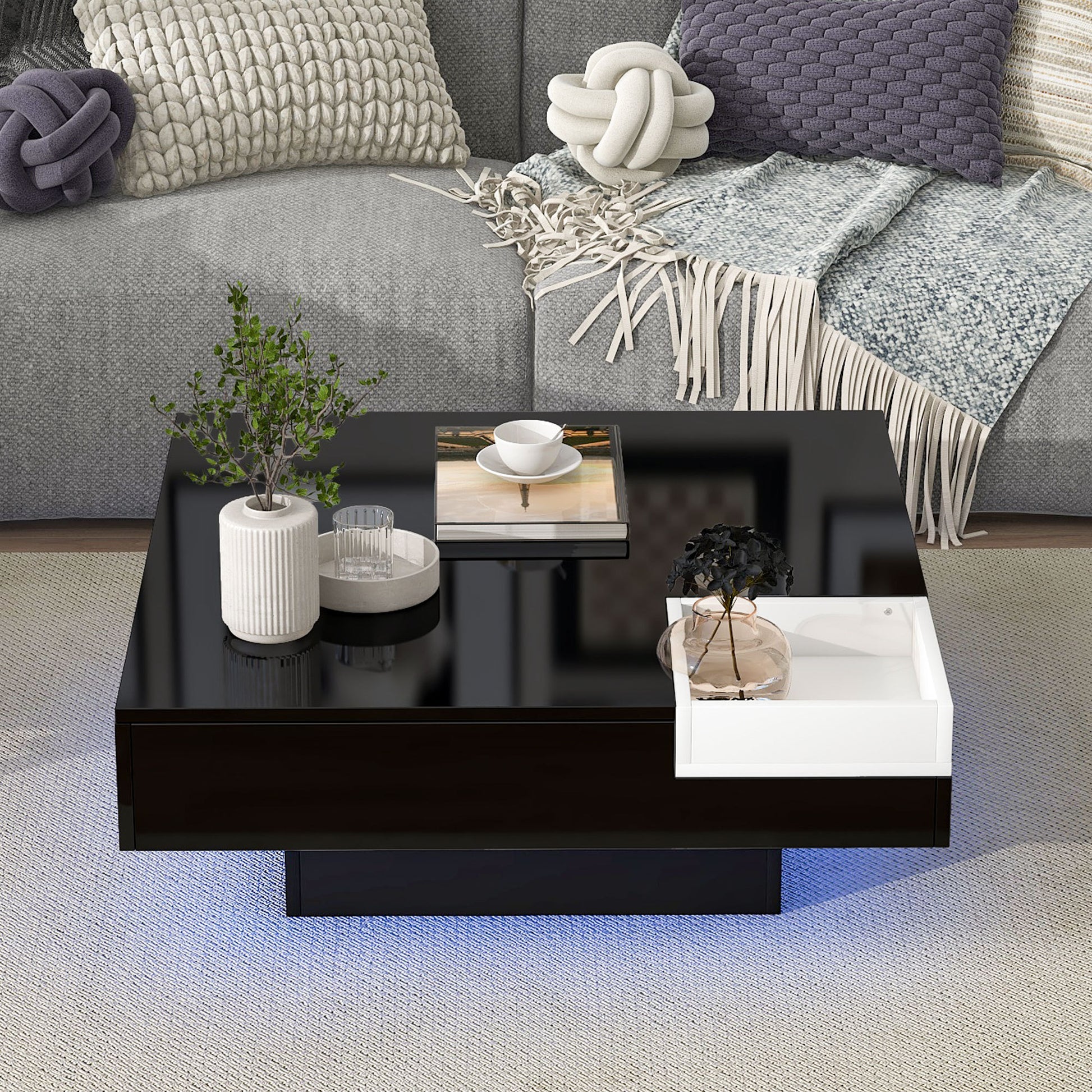 Modern Minimalist Design 31.5*31.5In Square Coffee Table With Detachable Tray And Plug In 16 Color Led Strip Lights Remote Control For Living Room Old Sku: Wf291303Aab Black Mdf