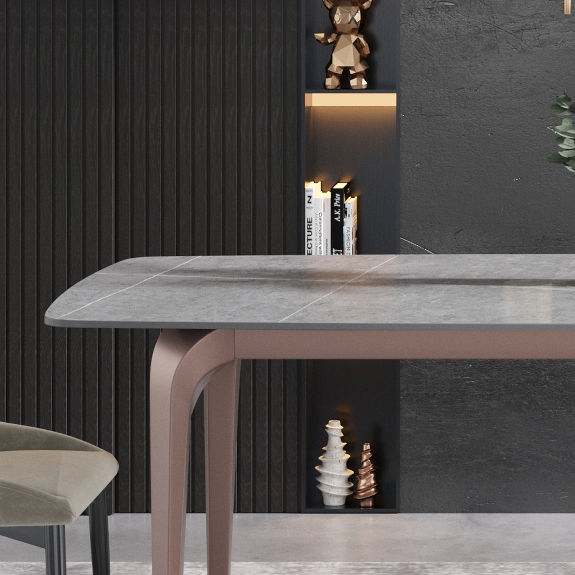 70.87"Modern Artificial Stone Gray Curved Metal Leg Dining Table Can Accommodate 6 8 People Gray Metal Sintered Stone