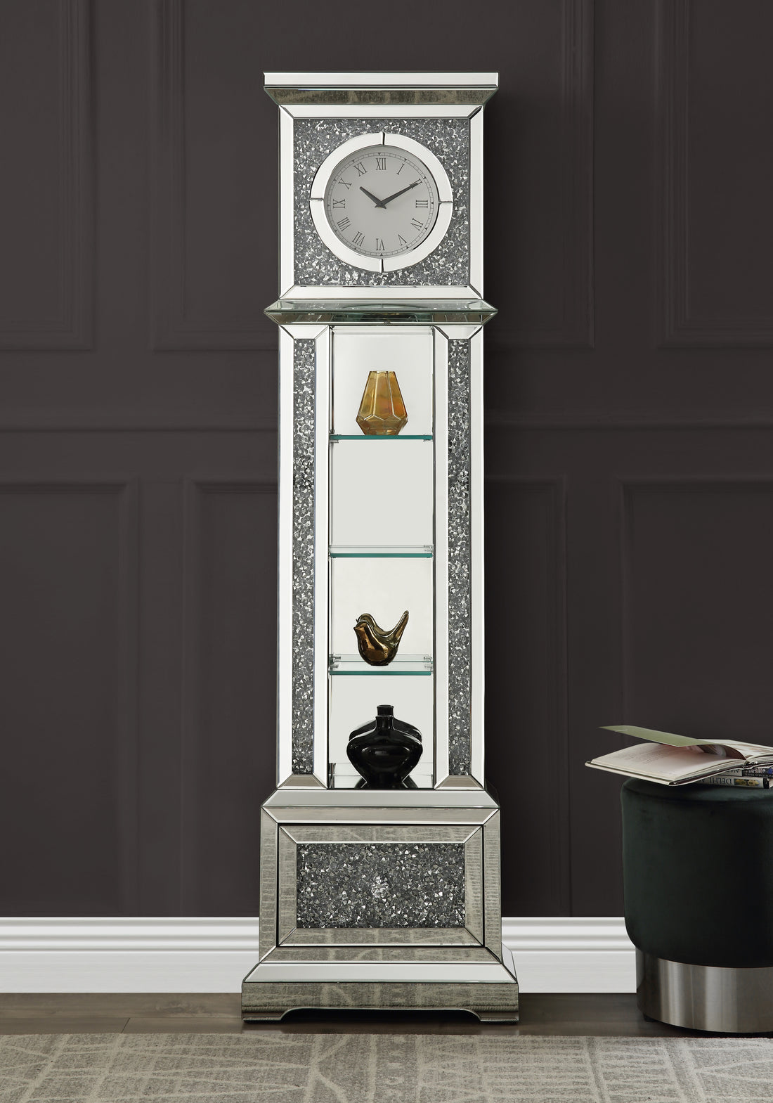 Noralie Grandfather Clock W Led Mirrored & Faux Diamonds Ac00348 Silver Glass