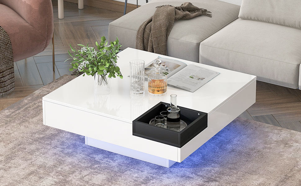 Modern Minimalist Design 31.5*31.5In Square Coffee Table With Detachable Tray And Plug In 16 Color Led Strip Lights Remote Control For Living Room Old Sku: Wf291303Aak White Mdf