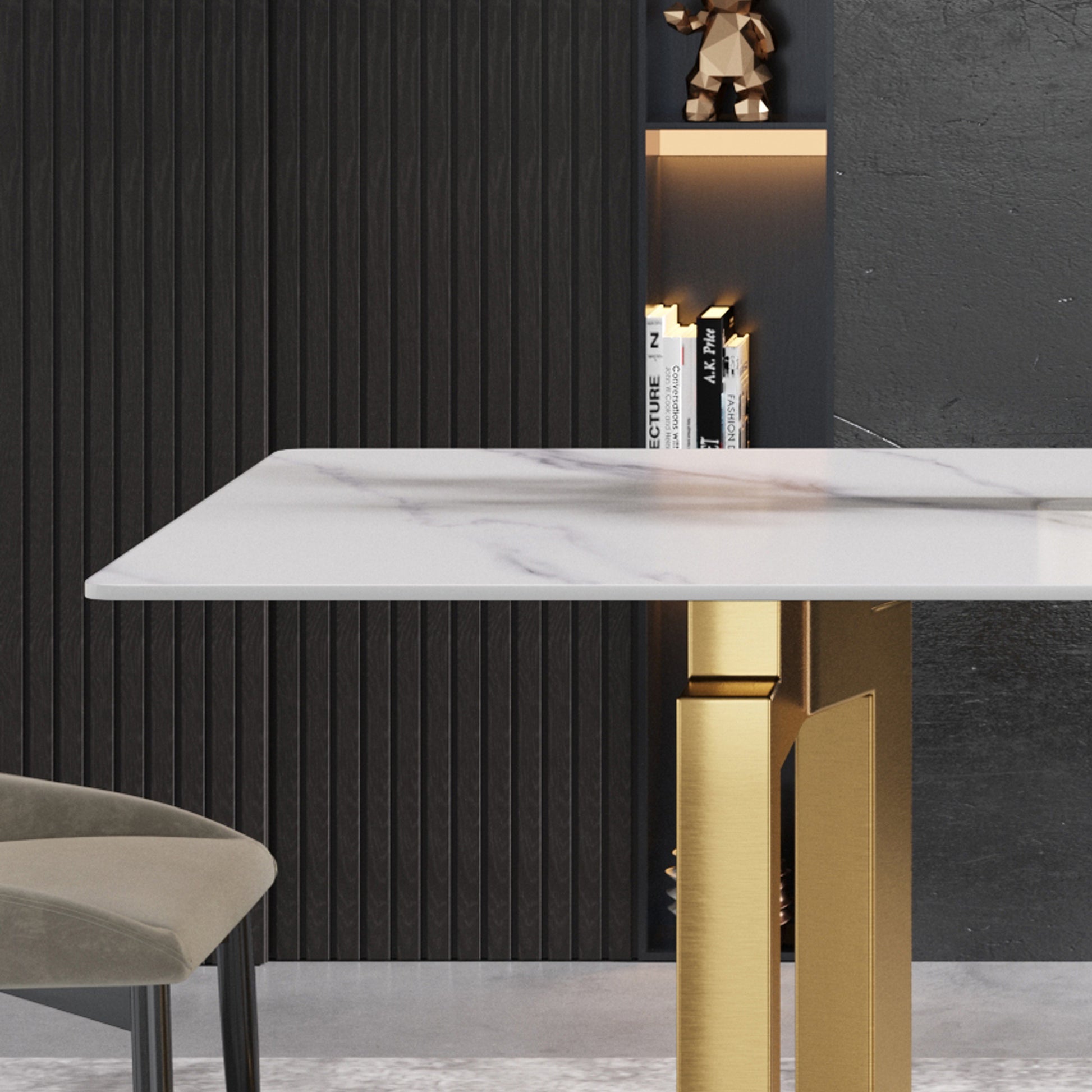 63"Modern Artificial Stone White Straight Edge Golden Metal Leg Dining Table 6 People White Metal Sintered Stone