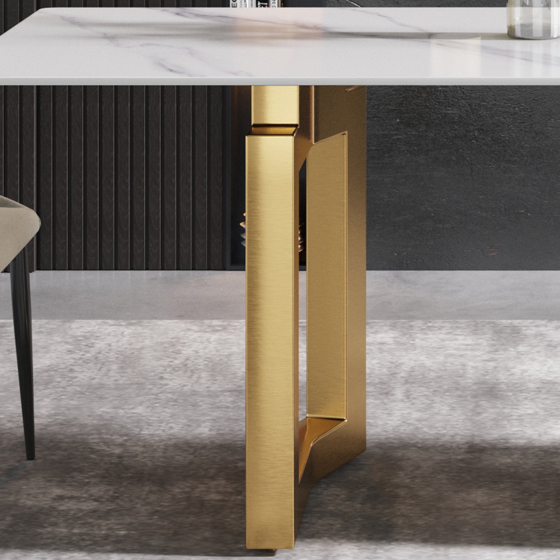 63"Modern Artificial Stone White Straight Edge Golden Metal Leg Dining Table 6 People White Metal Sintered Stone