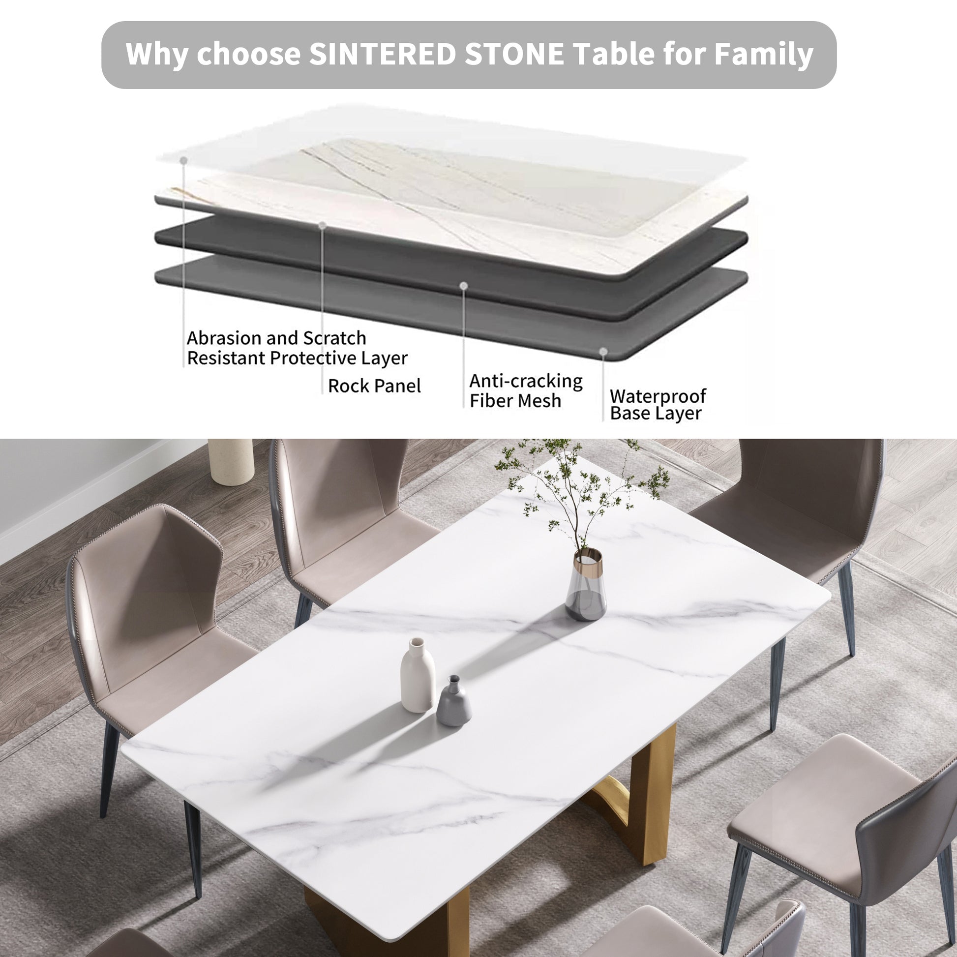 63"Modern Artificial Stone White Straight Edge Golden Metal Leg Dining Table 6 People White Metal Sintered Stone