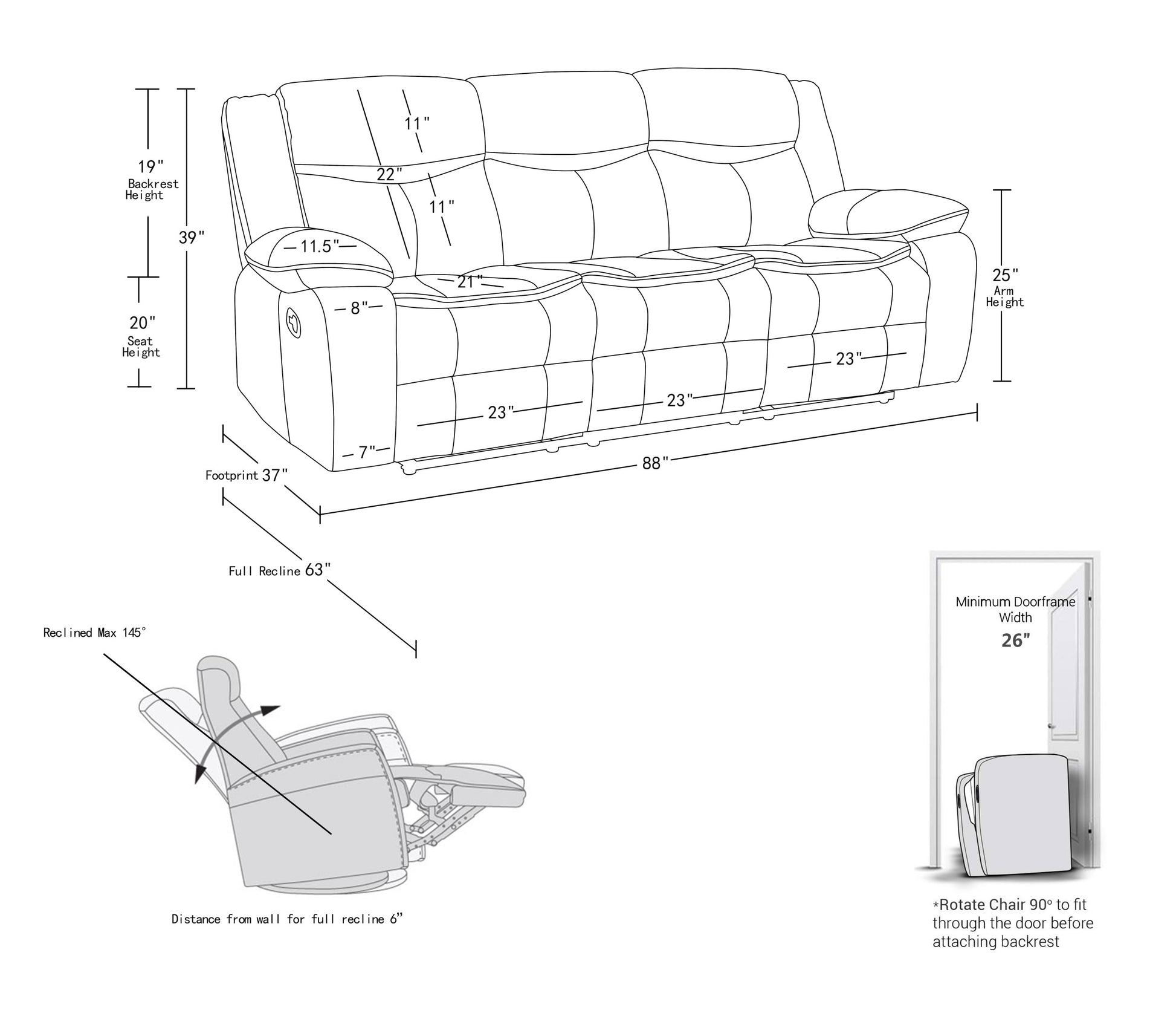 Transitional Leather Air Reclining Sofa Gray Foam Leather