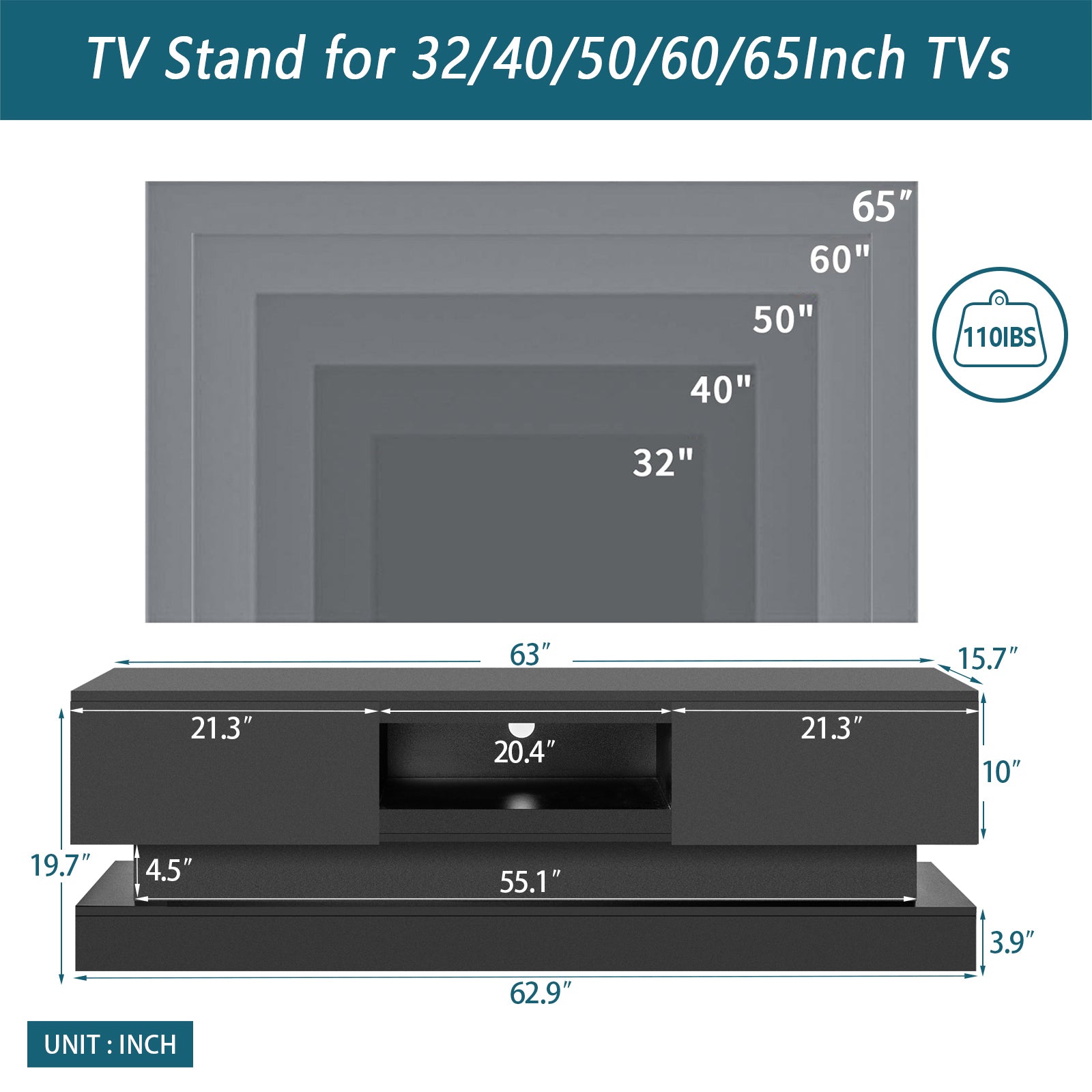63inch BLACK morden TV Stand with LED Lights,high black-primary living space-60 inches-60-69