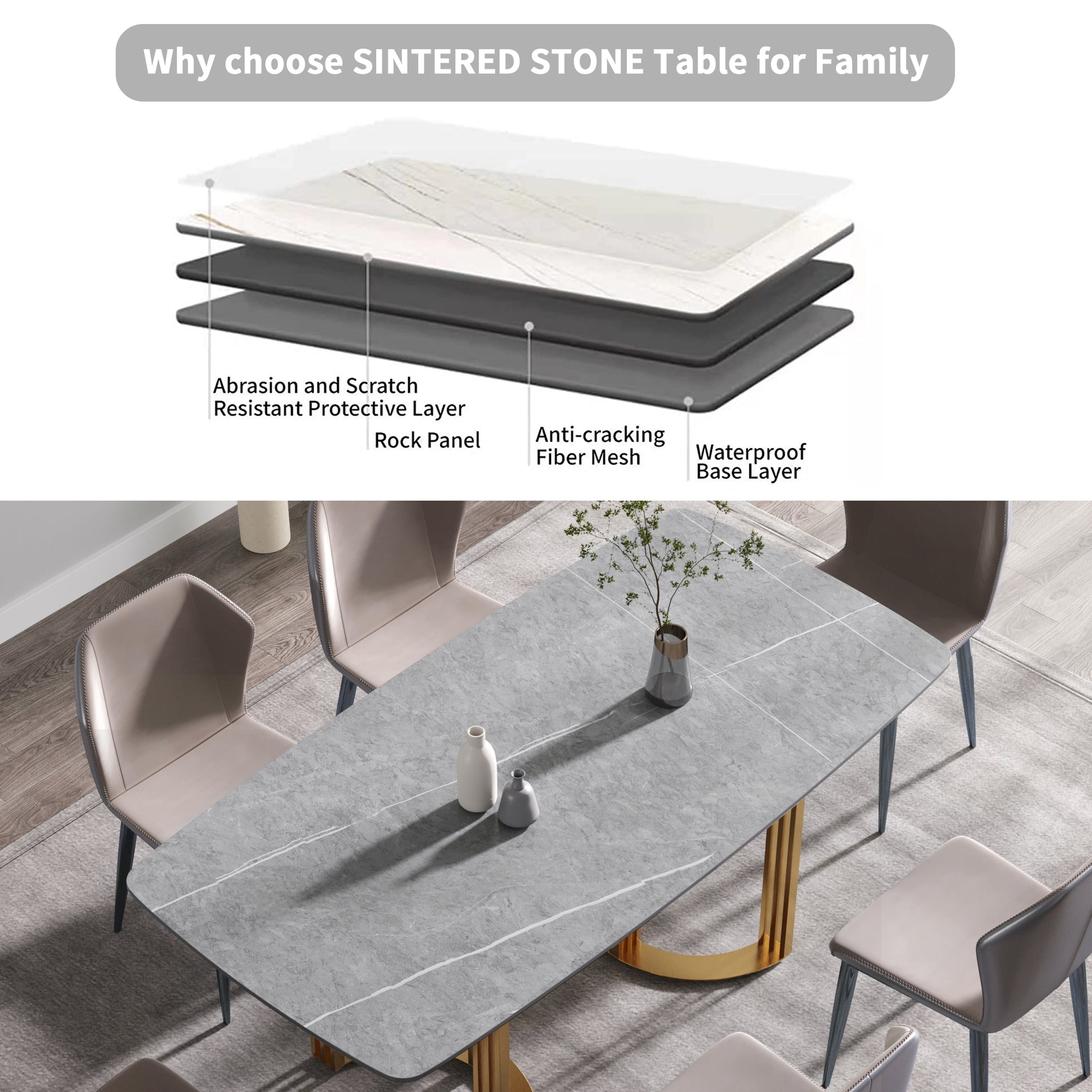 70.87"Modern Artificial Stone Gray Curved Golden Metal Leg Dining Table Can Accommodate 6 8 People Gray Metal Sintered Stone
