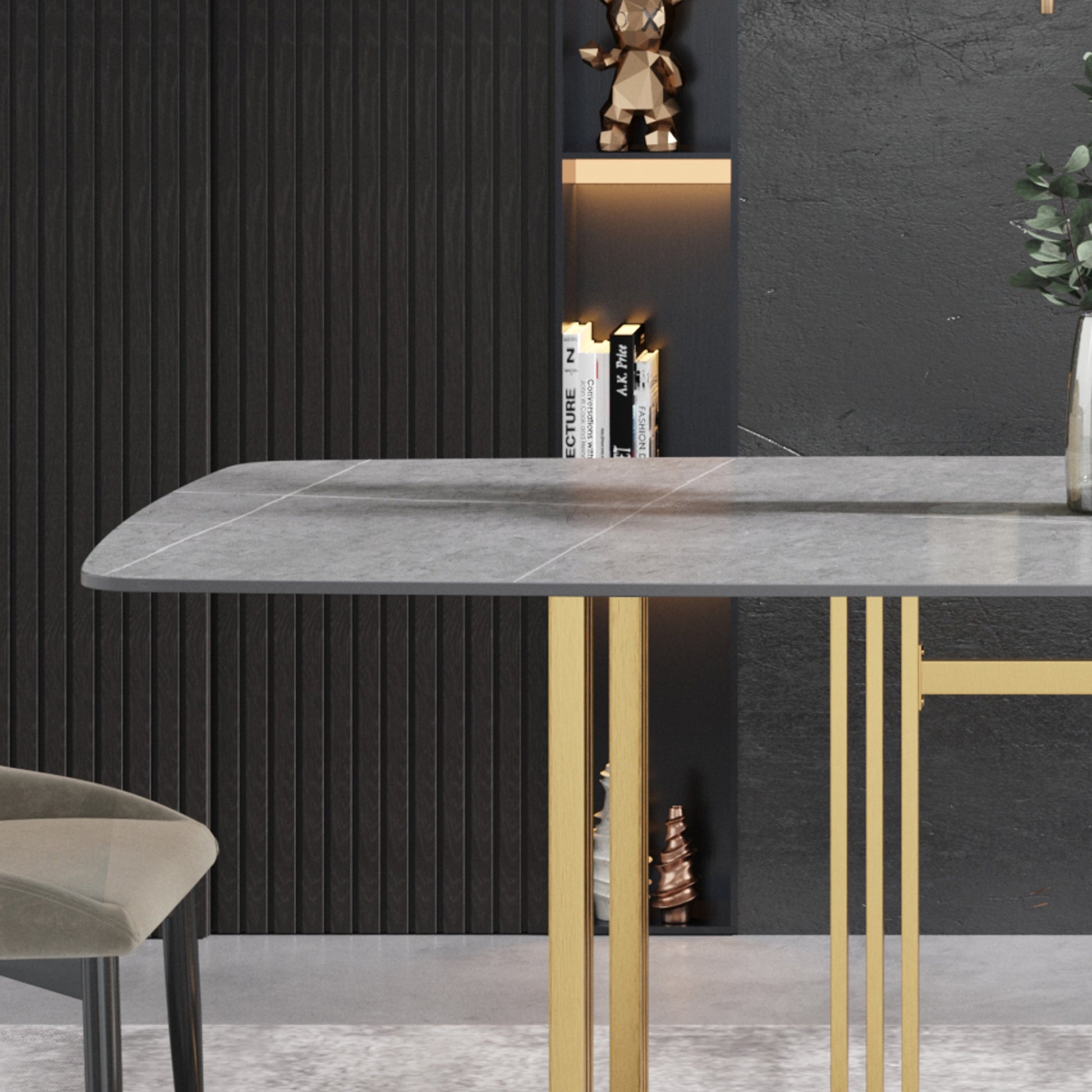 70.87"Modern Artificial Stone Gray Curved Golden Metal Leg Dining Table Can Accommodate 6 8 People Gray Metal Sintered Stone