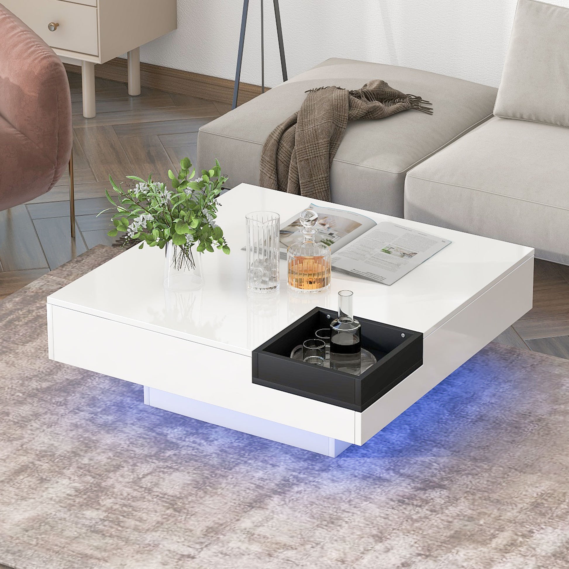 Modern Minimalist Design 31.5*31.5In Square Coffee Table With Detachable Tray And Plug In 16 Color Led Strip Lights Remote Control For Living Room Old Sku: Wf291303Aak White Mdf