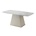 71 Inch Stone Diningtable With Carrara White Color And Striped Pedestal Base Beige Sintered Stone Carbon Steel