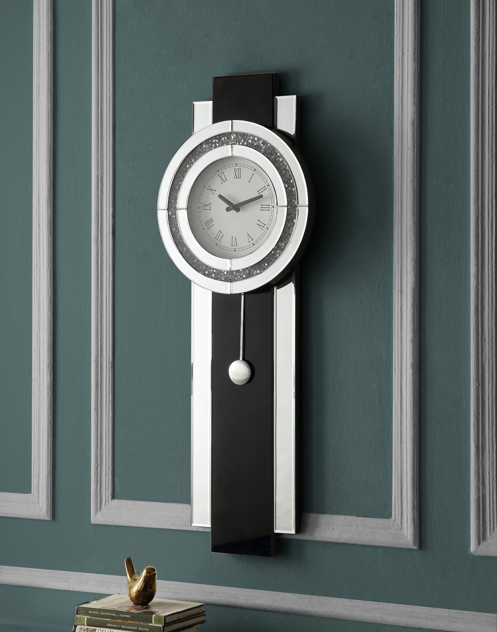 ACME Noralie WALL CLOCK Black, Mirrored & Faux black-glass