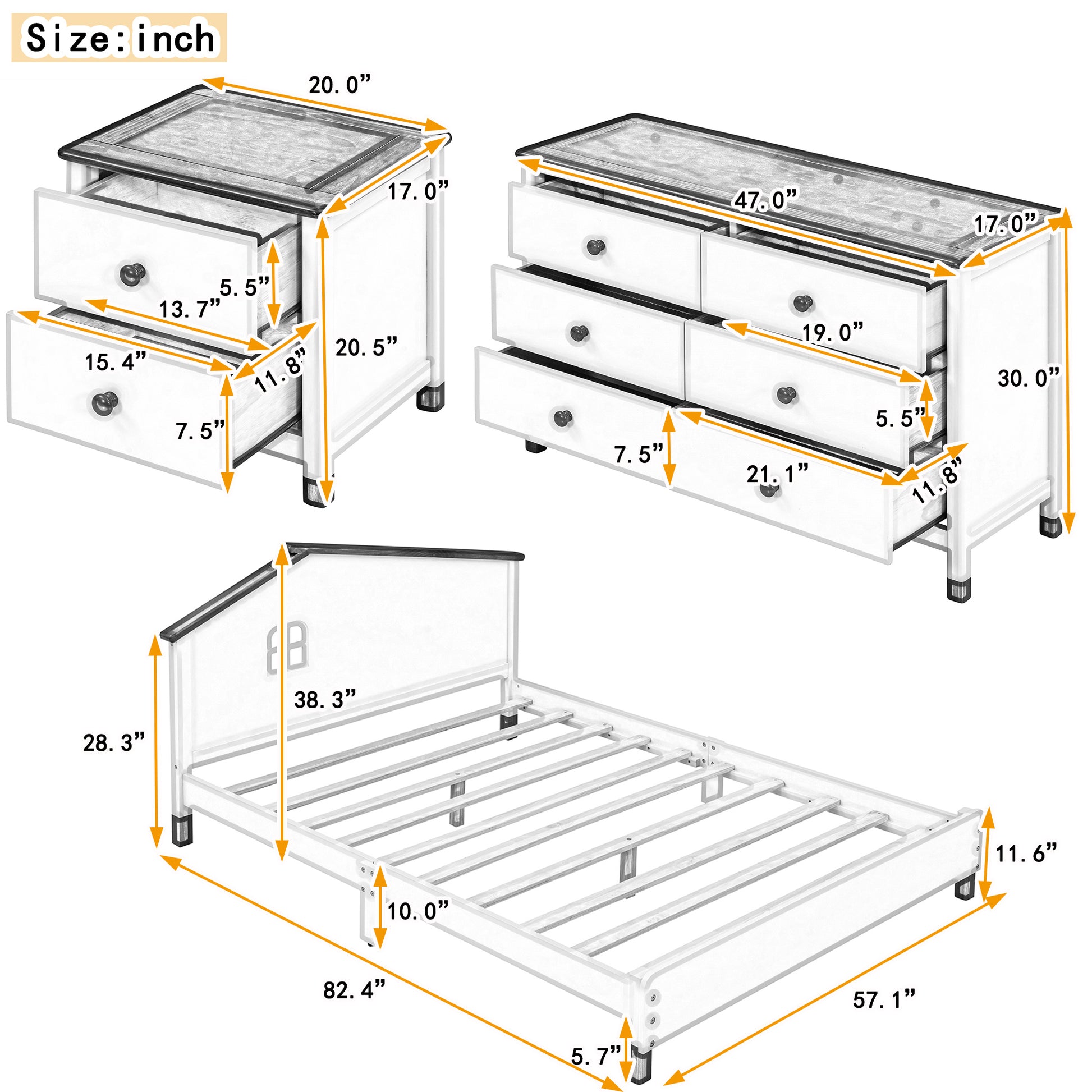 3 Pieces Bedroom Sets Full Size Platform Bed With Nightstand And Storage Dresser,White Pink White Pink Solid Wood