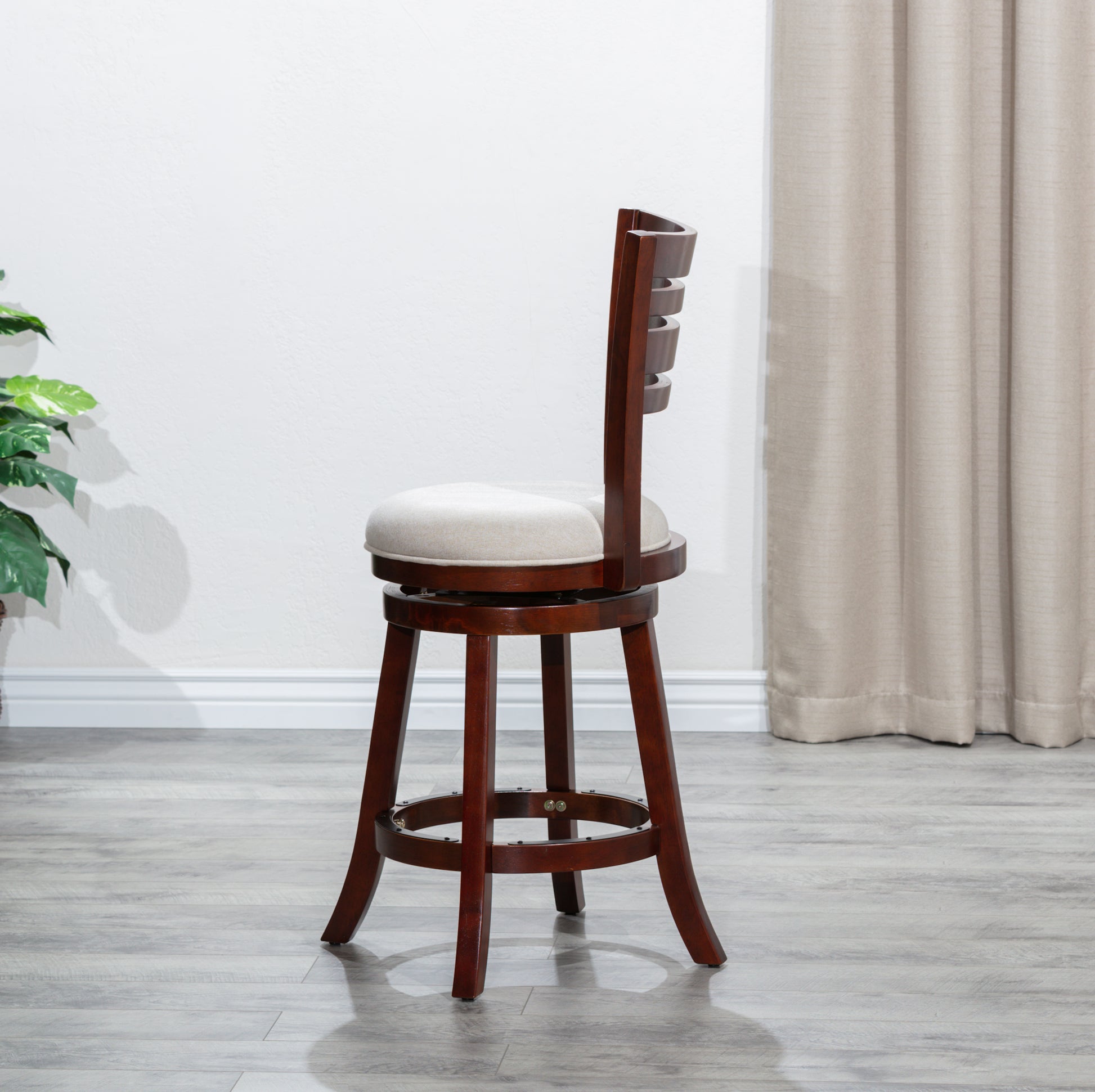 24" Counter Height Slat Back Swivel Stool, Cherry Finish, Beige Fabric Seat Cherry Fabric