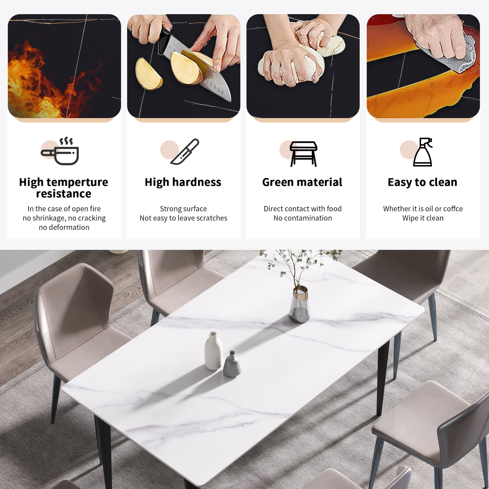 63"Modern Artificial Stone White Straight Edge Black Metal Leg Dining Table 6 People White Metal Sintered Stone