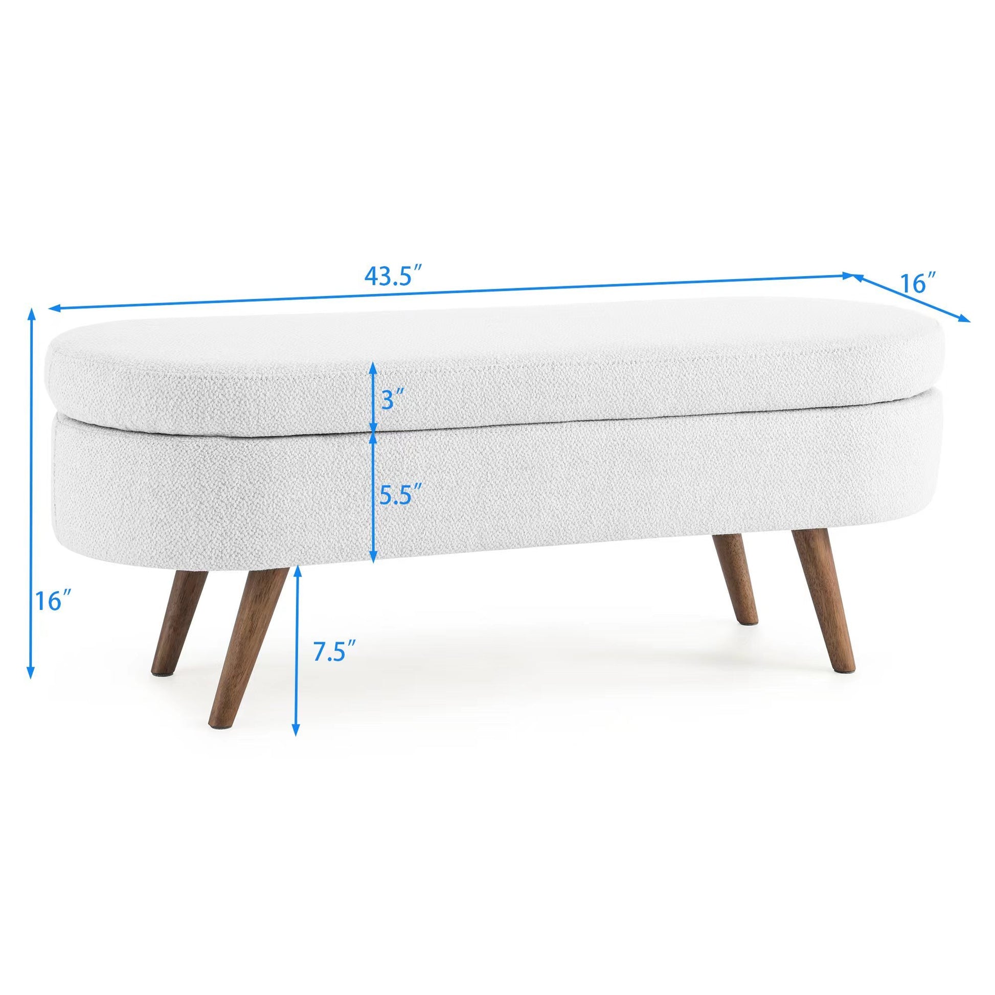 Ottoman Oval Storage Bench,Rubber Wood Legs,White 43.5"X16"X16" White Linen