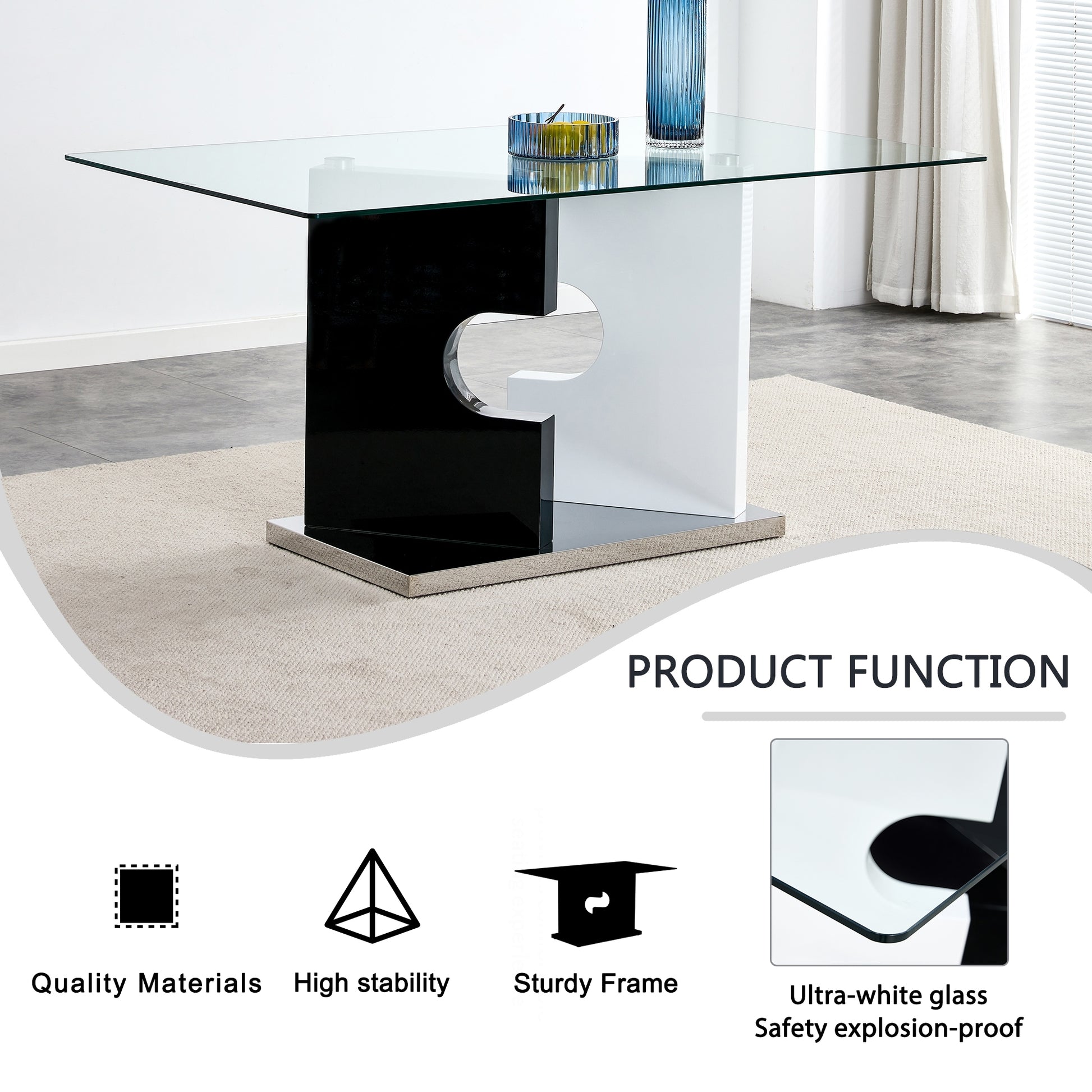 Large Modern Minimalist Rectangular Glass Dining Table For 6 8 With 0.39" Tempered Glass Tabletop And Mdf Slab Special Shaped Bracket,For Kitchen Dining Living Meeting Room Banquet Hall 1547 Transparent Glass