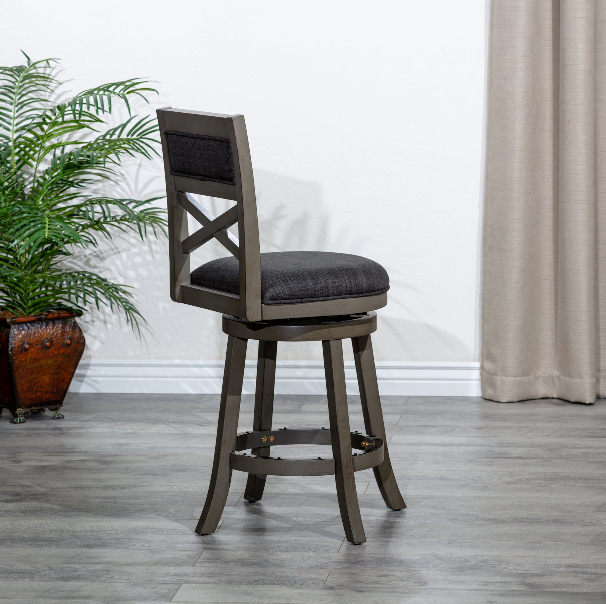 30" Bar Height X Back Swivel Stool, Weathered Gray Finish Grey, Charcoal Fabric Seat Gray Fabric