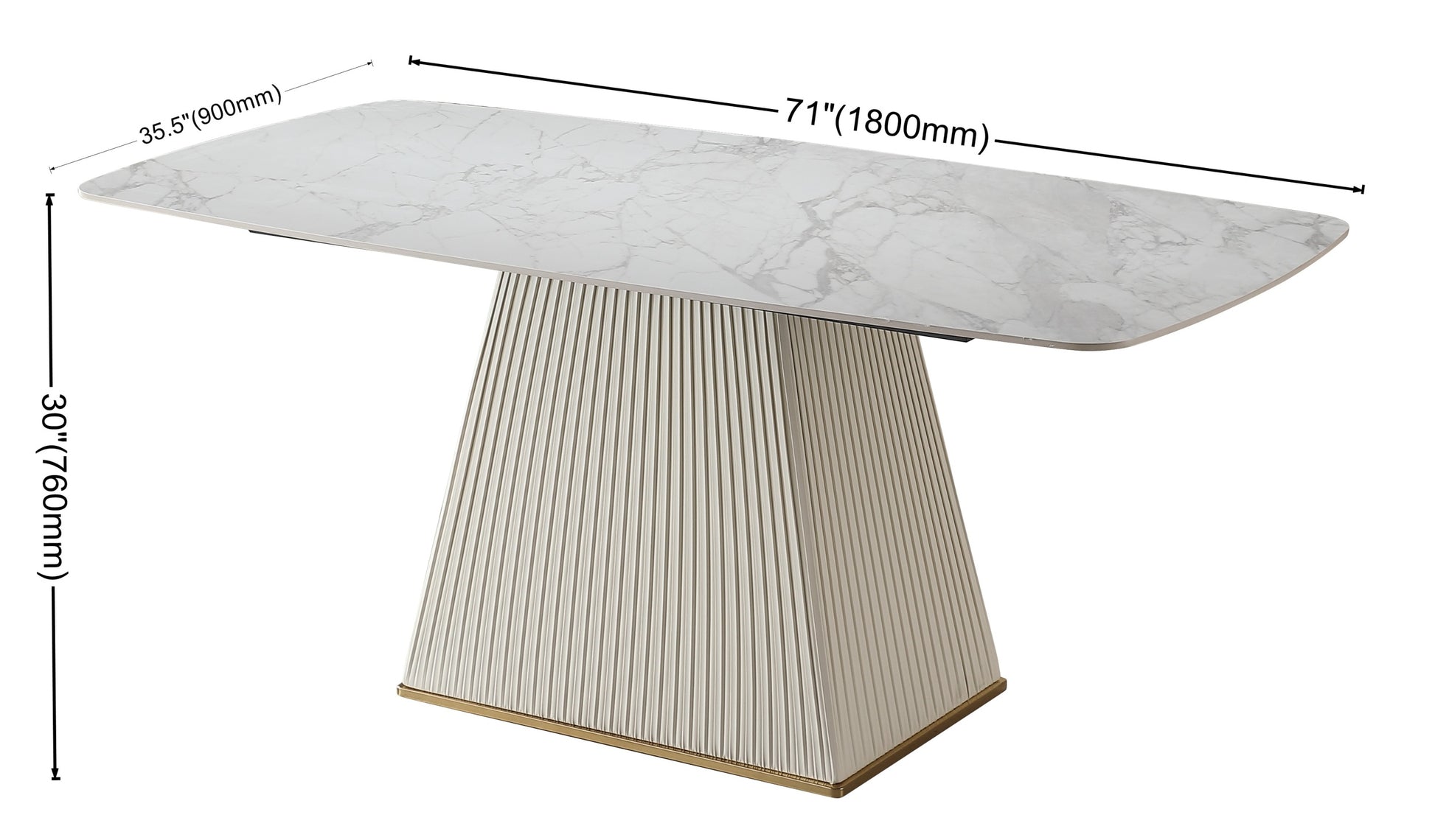 71 Inch Stone Diningtable With Carrara White Color And Striped Pedestal Base Beige Sintered Stone Carbon Steel