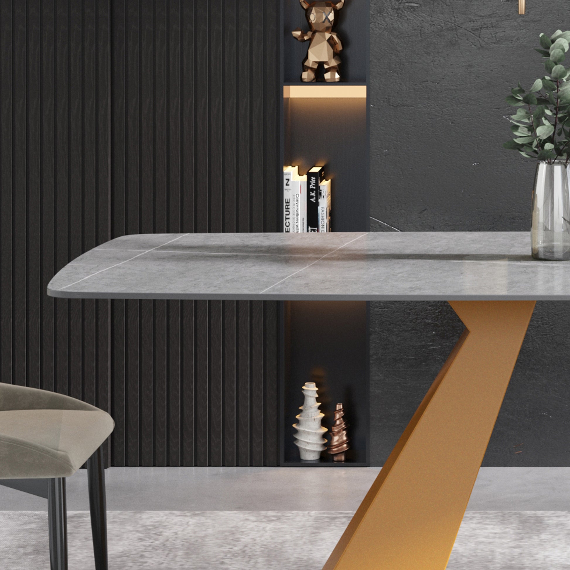 70.87"Modern Artificial Stone Gray Curved Golden Metal Leg Dining Table Can Accommodate 6 8 People Gray Metal Sintered Stone