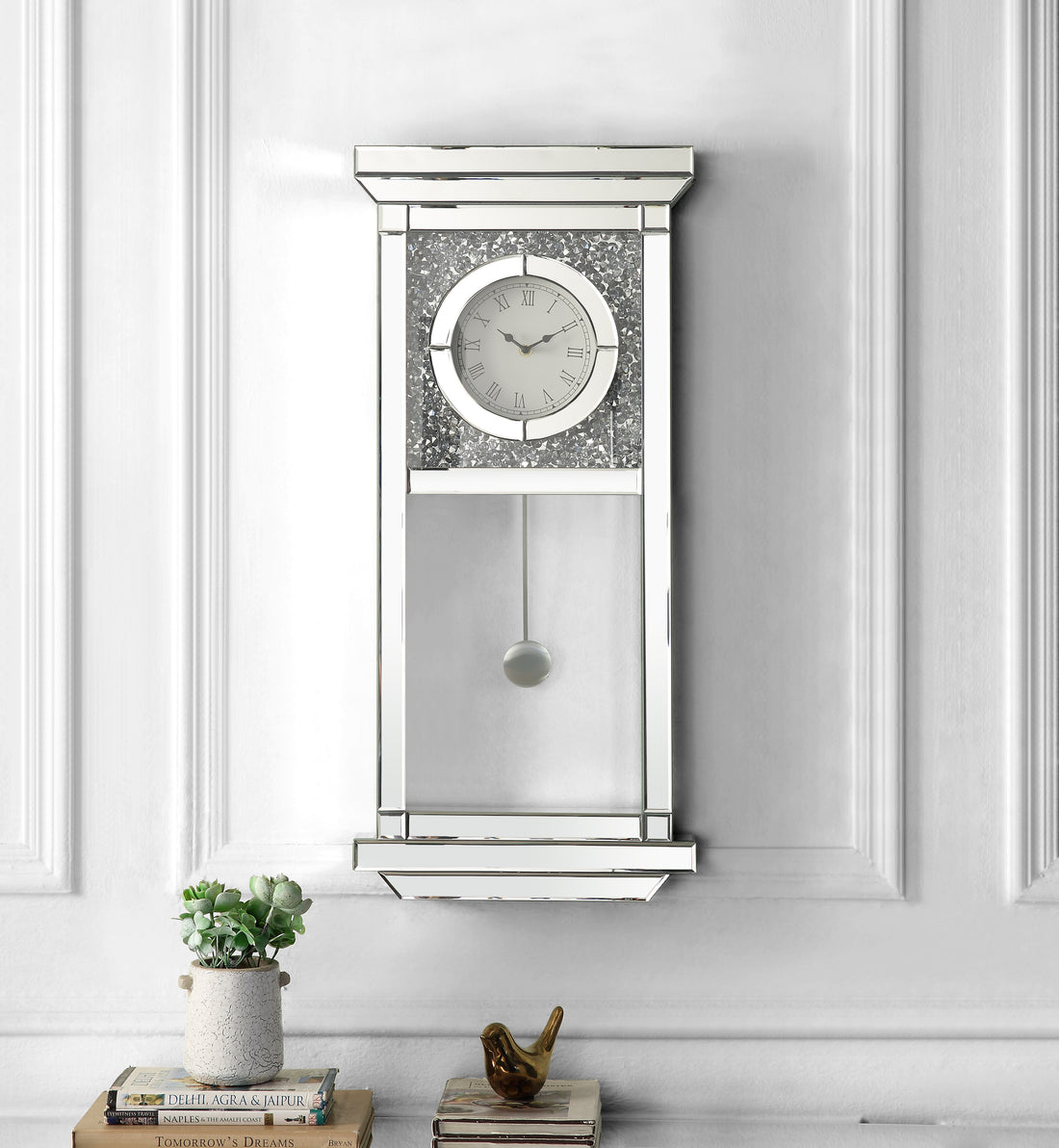 Noralie Wall Clock Mirrored & Faux Diamonds Ac00423 Silver Glass