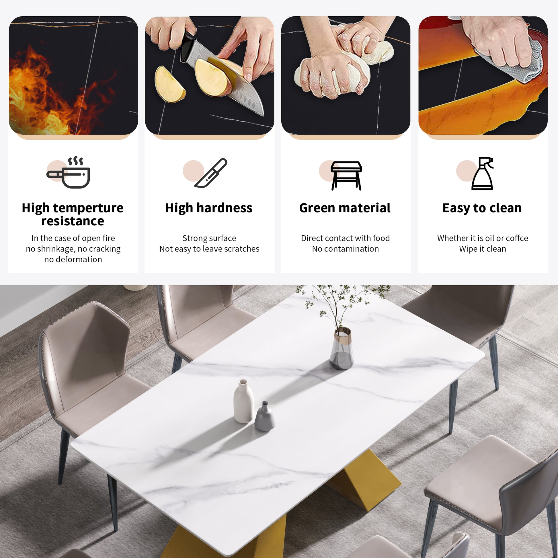 63"Modern Artificial Stone White Straight Edge Golden Metal Leg Dining Table 6 People White Metal Sintered Stone