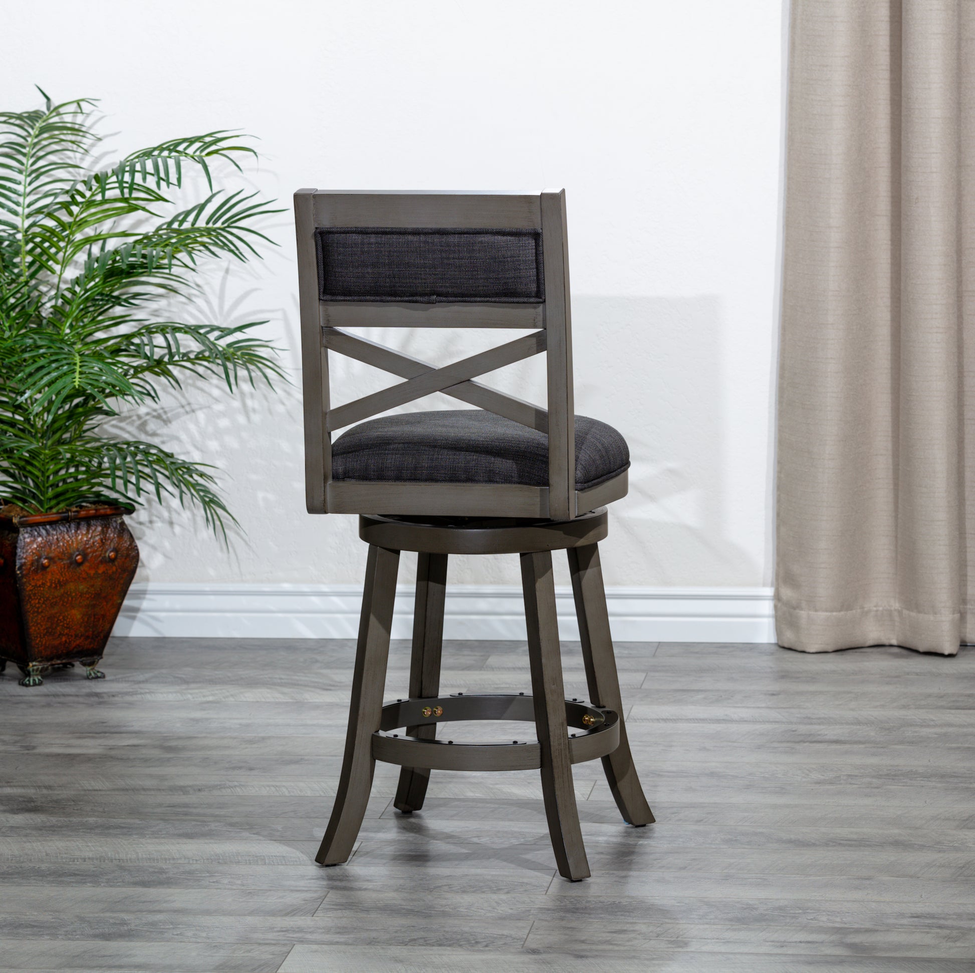 30" Bar Height X Back Swivel Stool, Weathered Gray Finish Grey, Charcoal Fabric Seat Gray Fabric