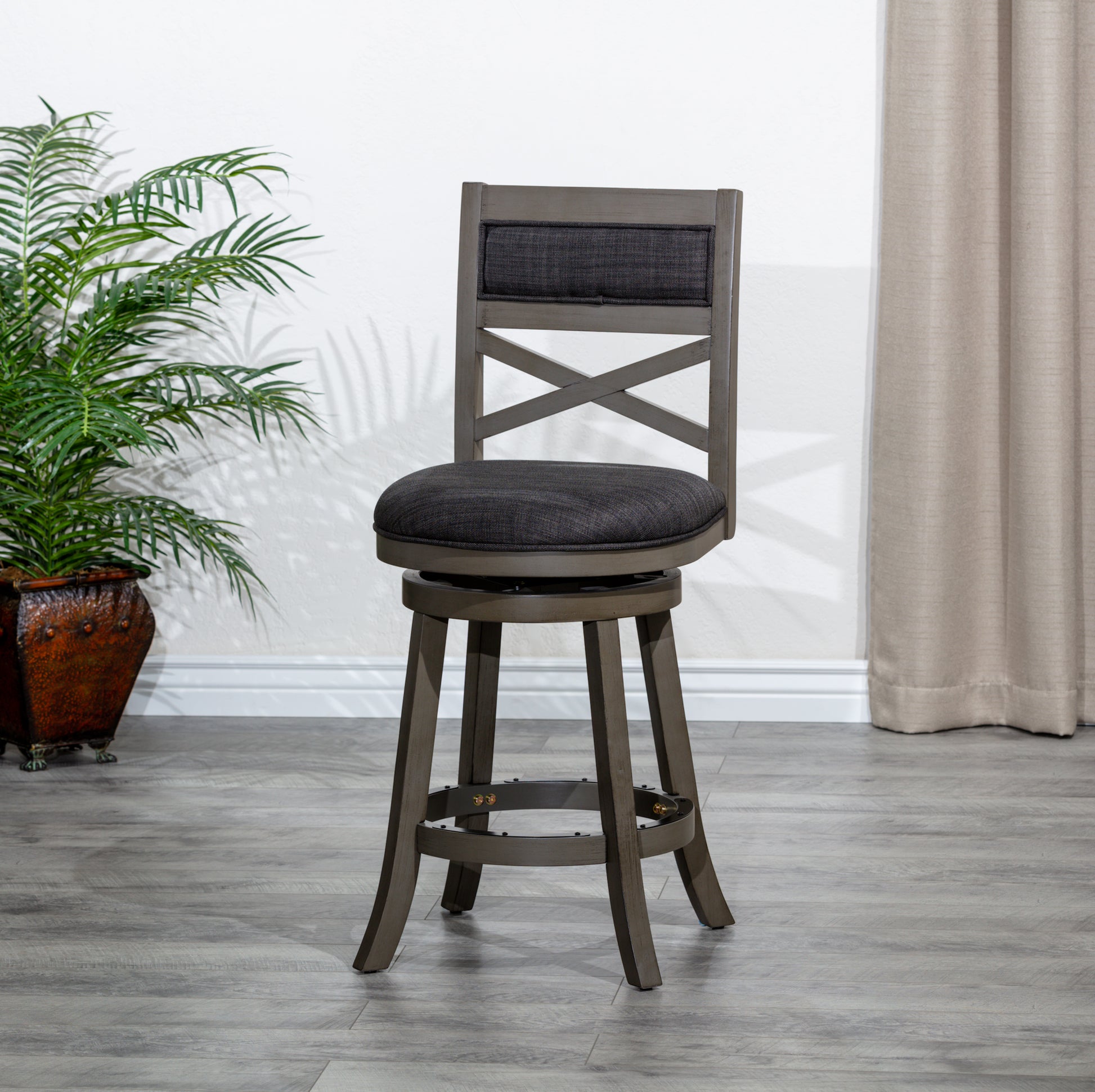 30" Bar Height X Back Swivel Stool, Weathered Gray Finish Grey, Charcoal Fabric Seat Gray Fabric