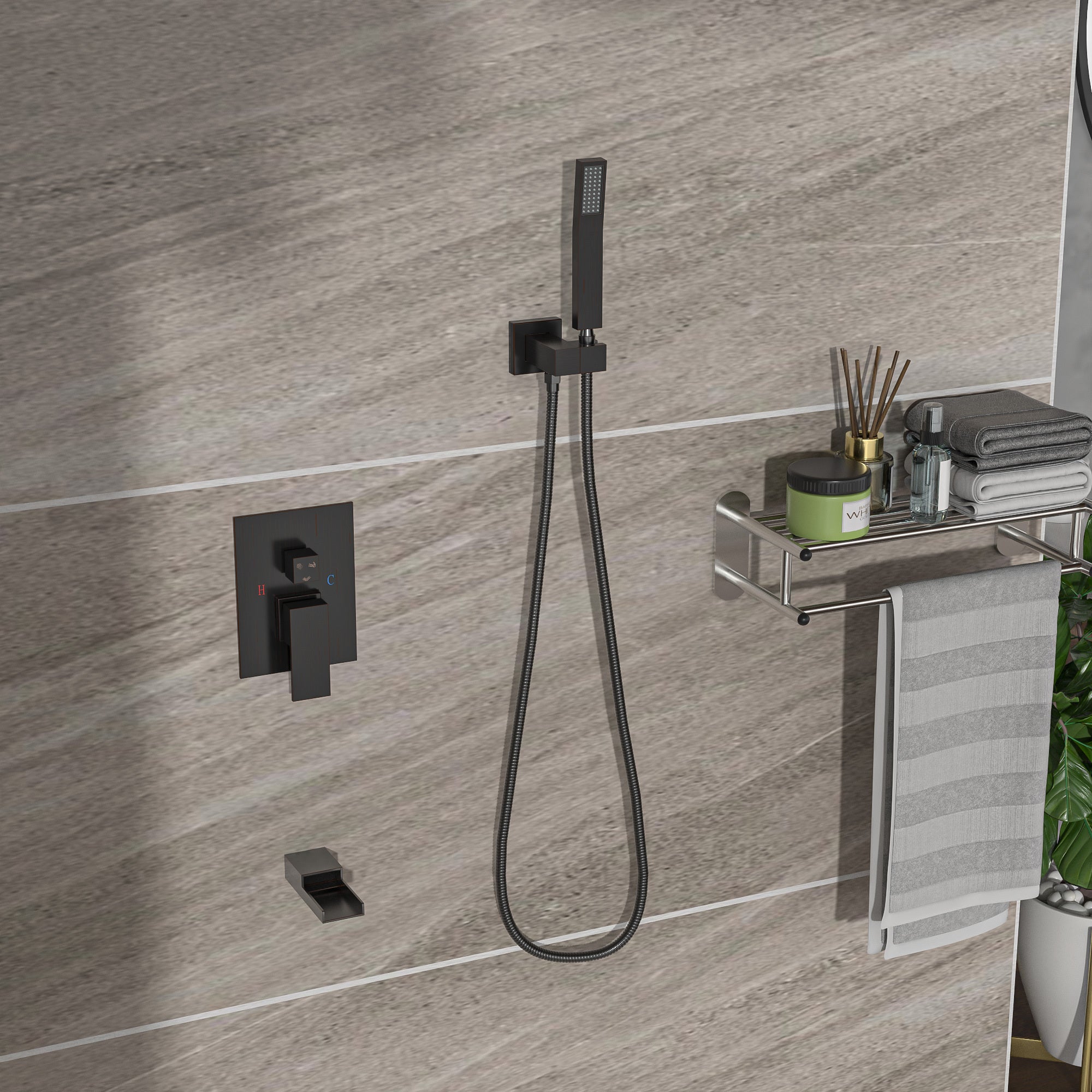 Shower System with Waterfall Tub Spout,12 Inch Wall oil-rubbed bronze-stainless steel