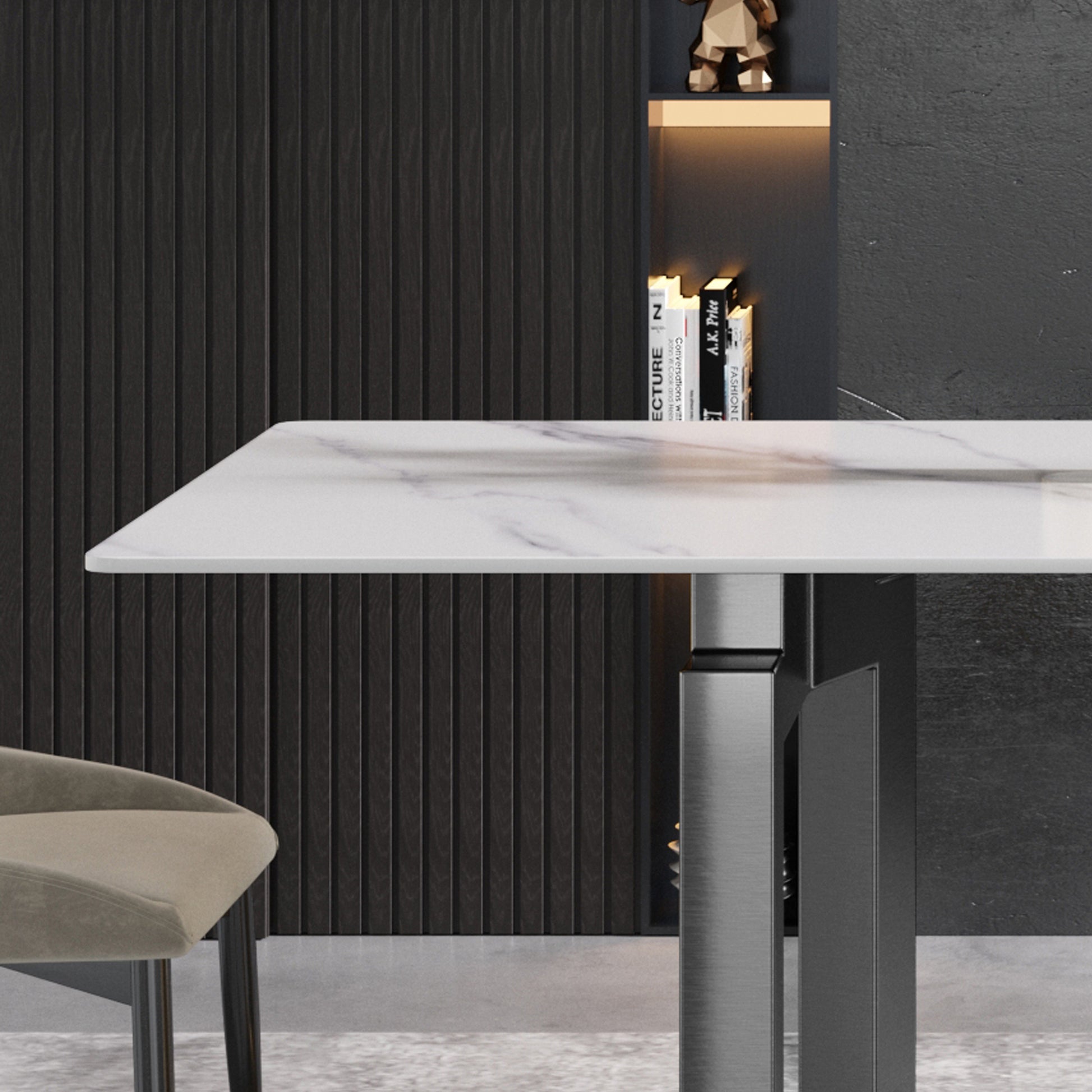 63"Modern Artificial Stone White Straight Edge Black Metal Leg Dining Table 6 People White Metal Sintered Stone