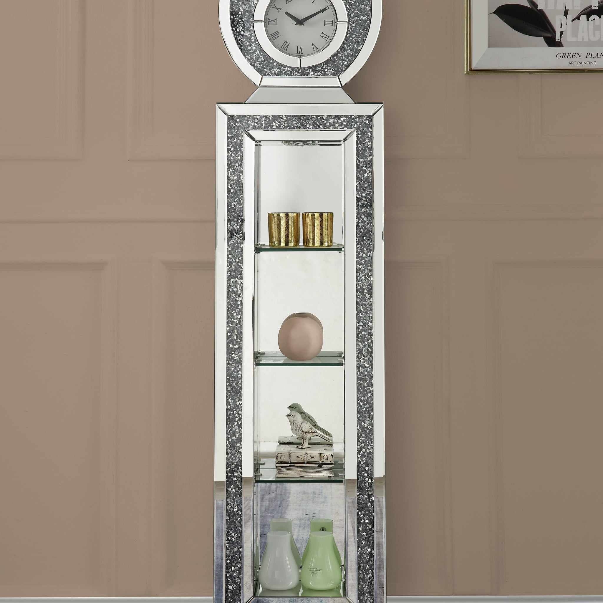 Noralie Grandfather Clock W Led Mirrored & Faux Diamonds Ac00351 Silver Glass