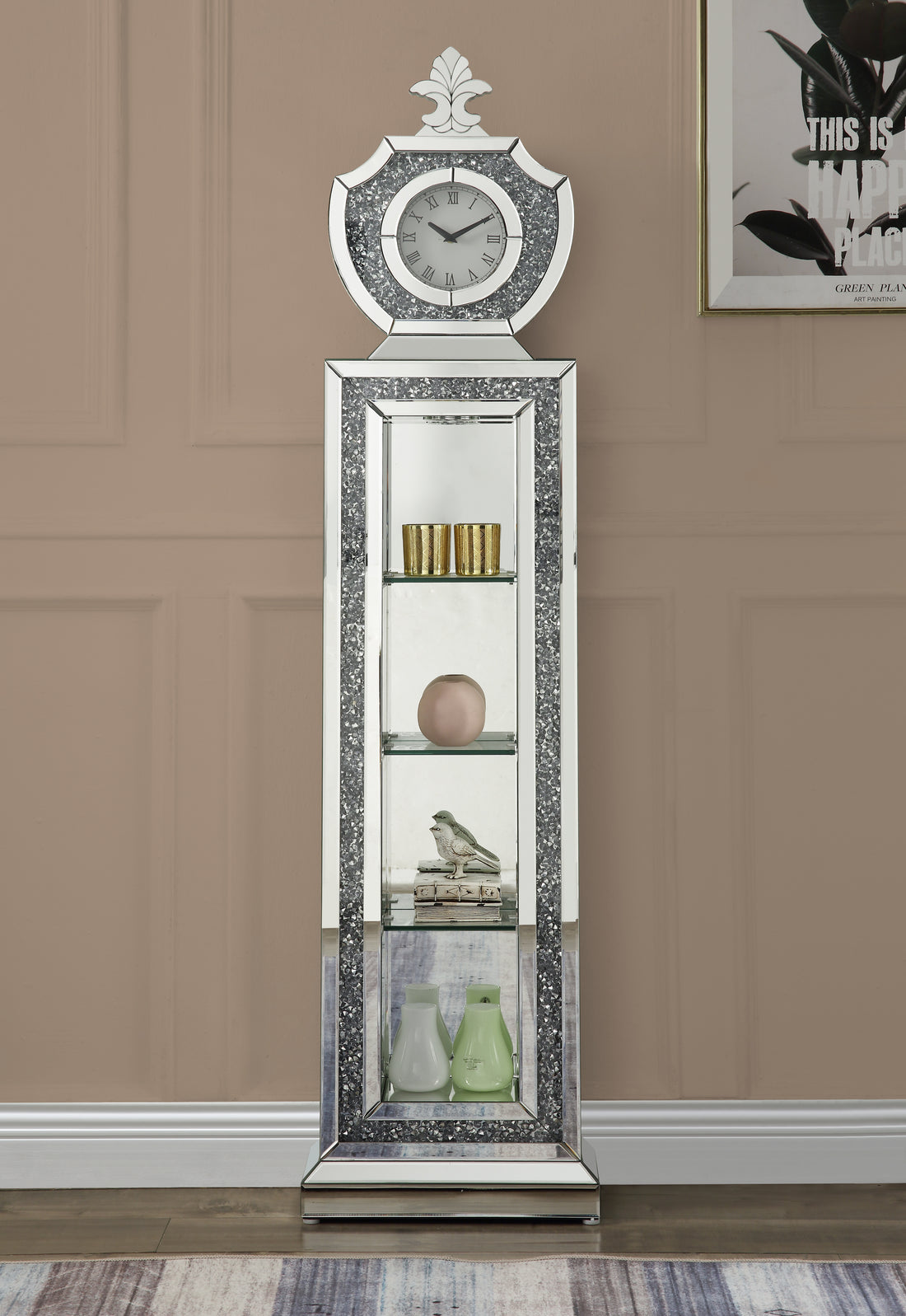 Noralie Grandfather Clock W Led Mirrored & Faux Diamonds Ac00351 Silver Glass