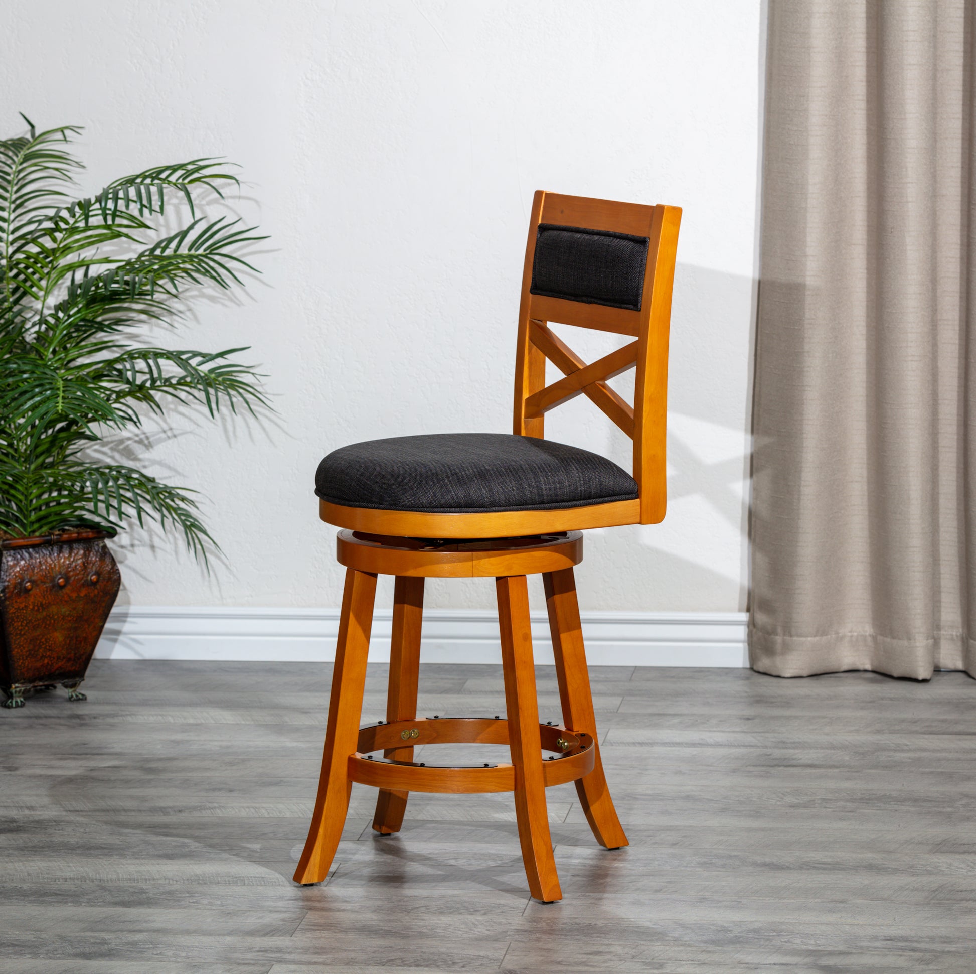 24" Counter Height X Back Swivel Stool, Natural Finish, Charcoal Fabric Seat Natural Fabric