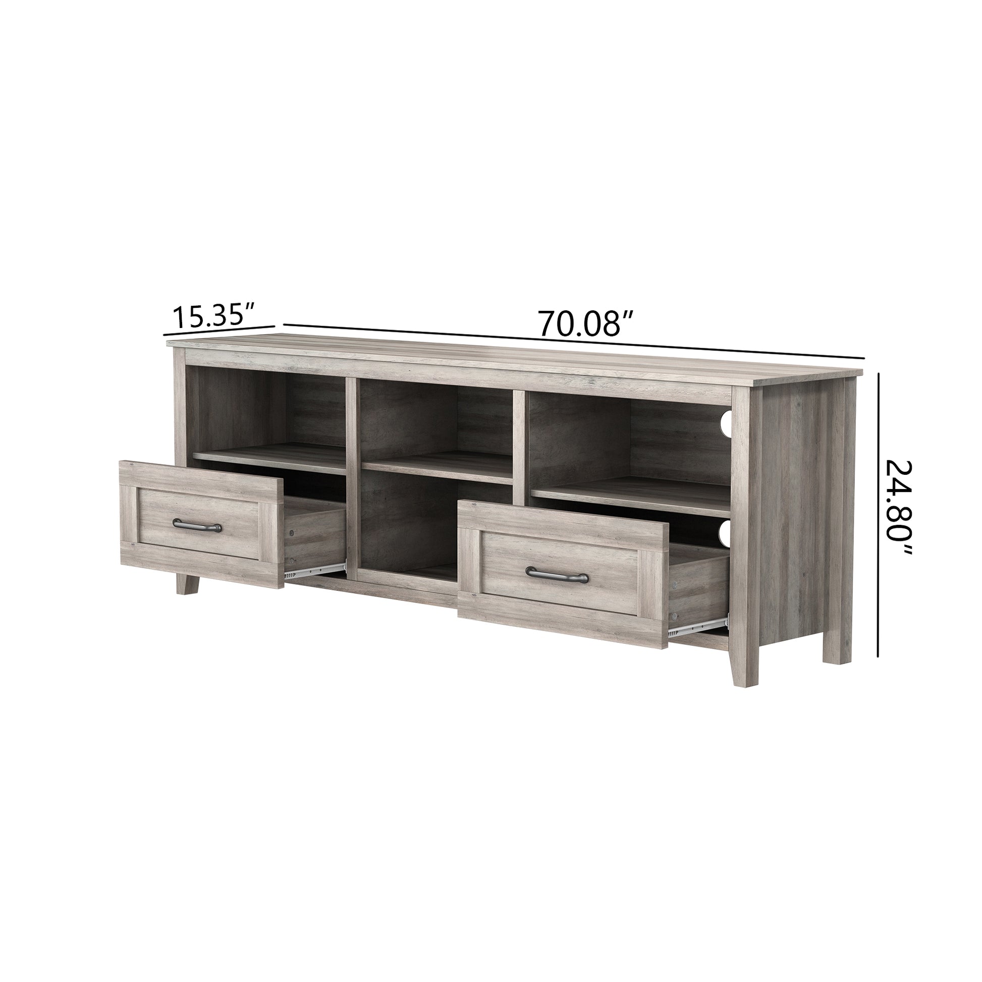 70.08 Inch Length Tv Stand For Living Room And Bedroom, With 2 Drawers And 4 High Capacity Storage Compartment, Grey Walnut Grey Particle Board