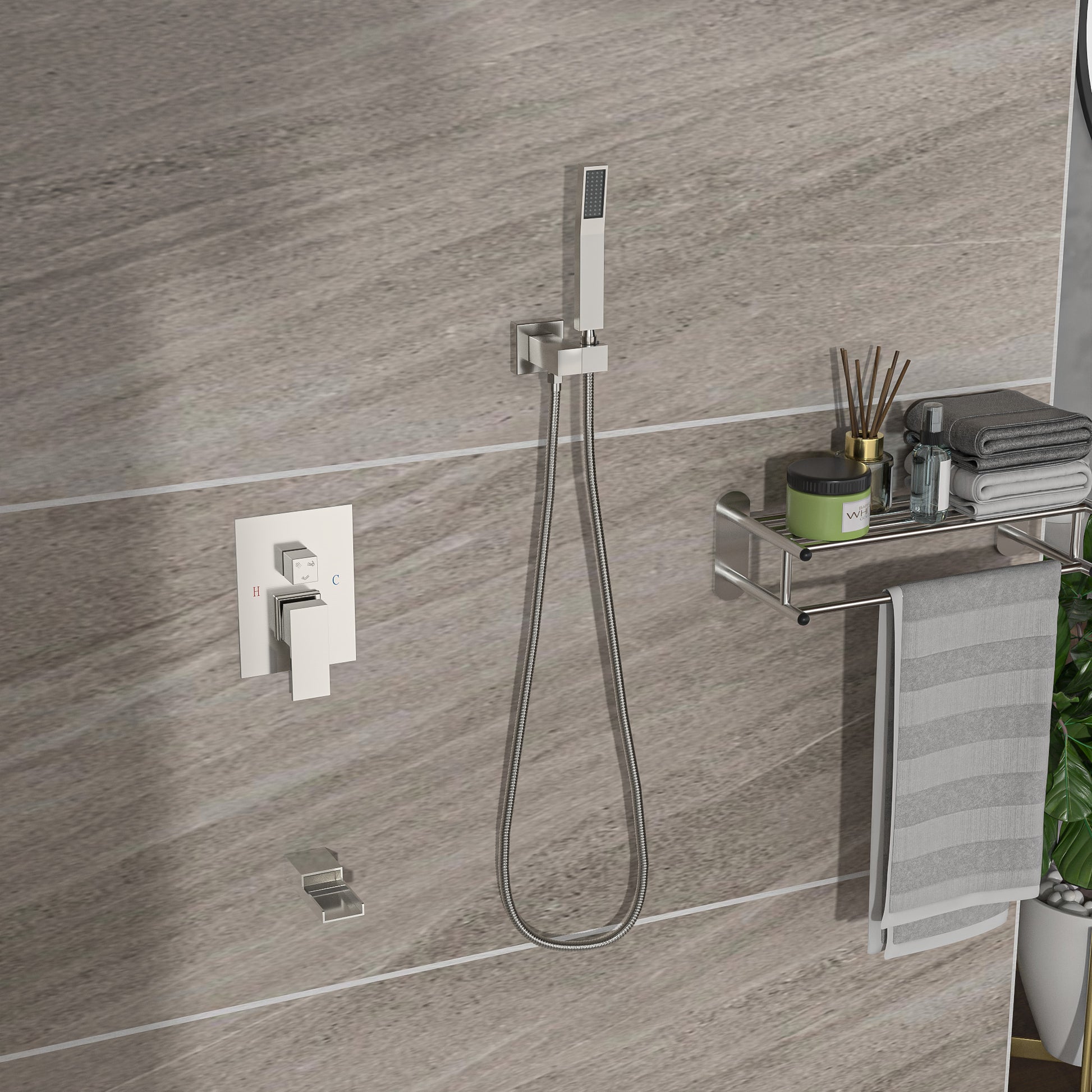 Shower System With Waterfall Tub Spout,16 Inch Ceiling Mount Square Shower System With Rough In Valve, Brushed Nickel Brushed Nickel Stainless Steel