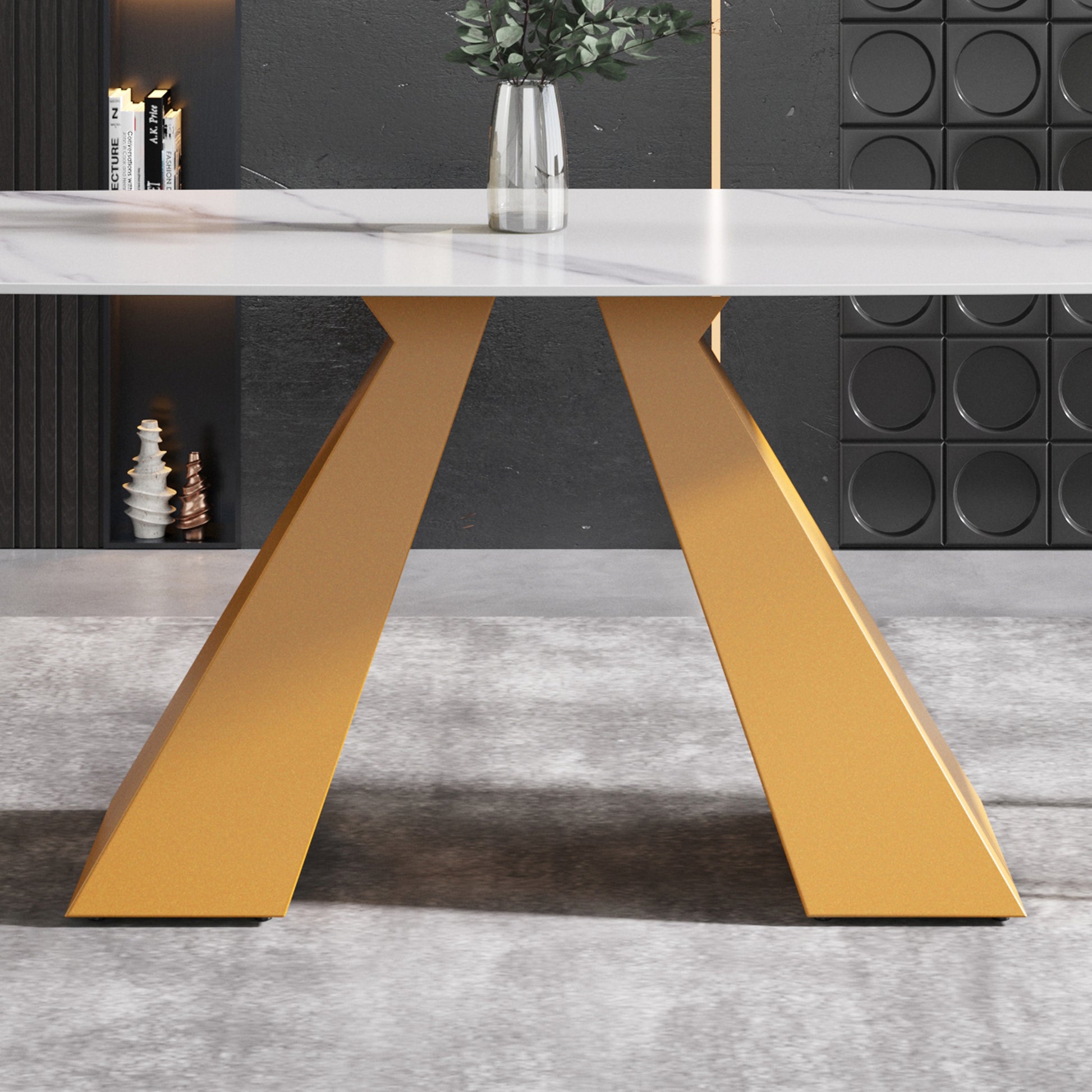 70.87"Modern Artificial Stone White Curved Golden Metal Leg Dining Table Can Accommodate 6 8 People White Metal Sintered Stone