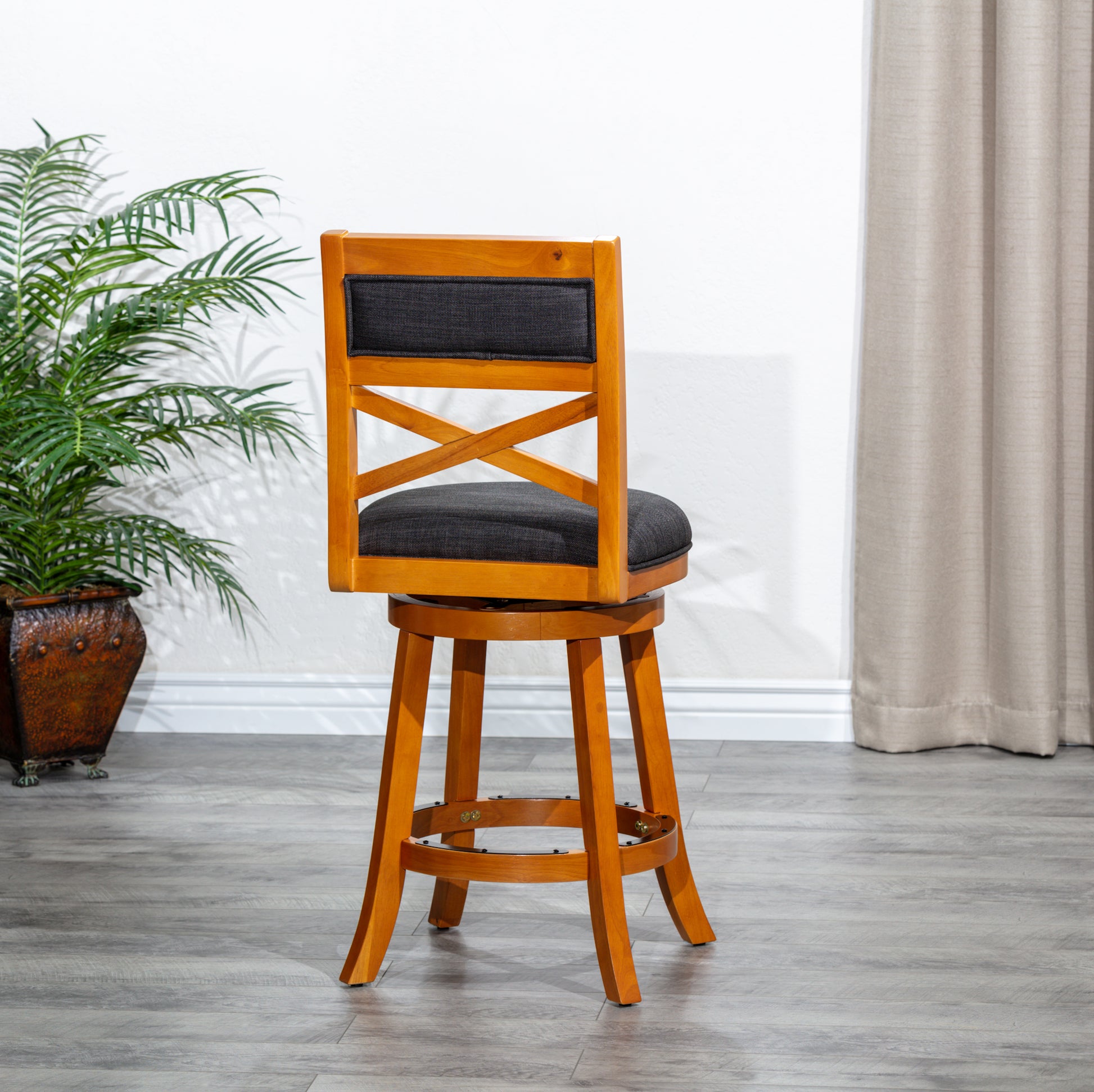 24" Counter Height X Back Swivel Stool, Natural Finish, Charcoal Fabric Seat Natural Fabric