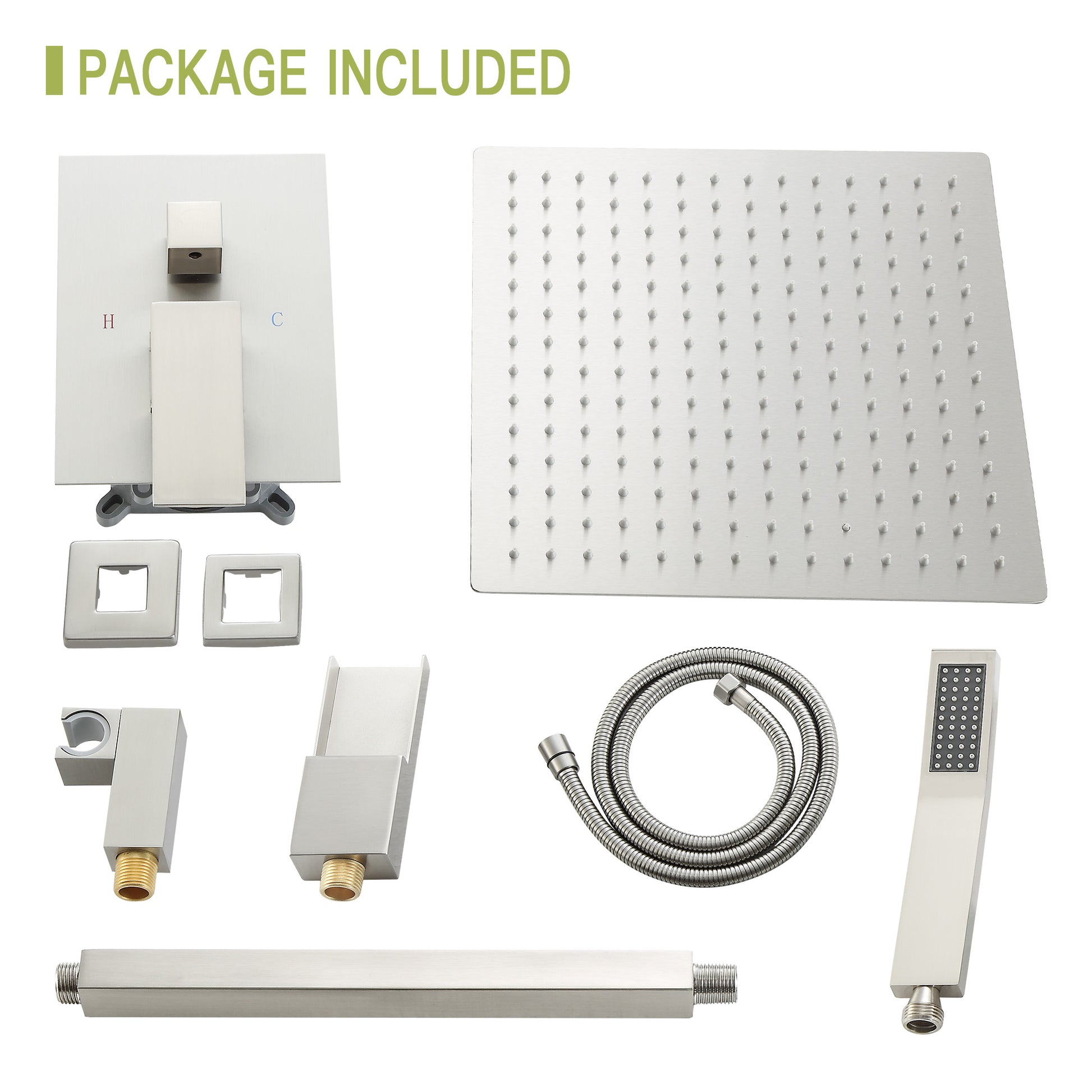 Shower System With Waterfall Tub Spout,16 Inch Ceiling Mount Square Shower System With Rough In Valve, Brushed Nickel Brushed Nickel Stainless Steel