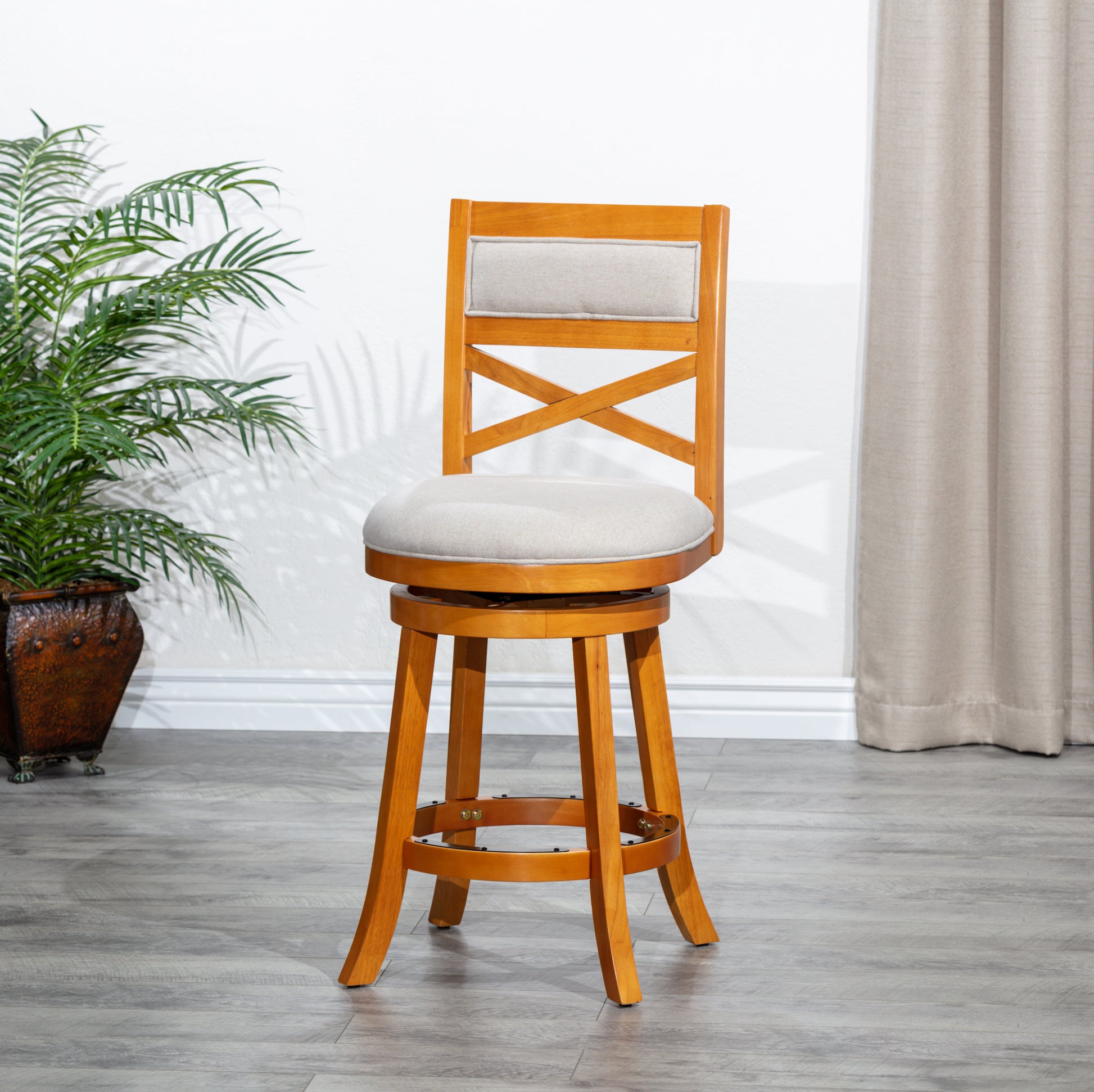 24" Counter Height X Back Swivel Stool, Natural Finish, Beige Fabric Seat Natural Fabric