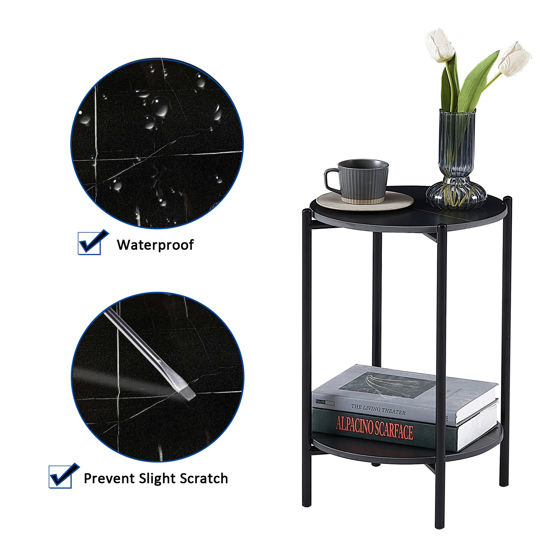 2 Layer End Table With Whole Marble Tabletop, Round Coffee Table With Black Metal Frame For Bedroom Living Room Office Black,1 Piece Black Metal