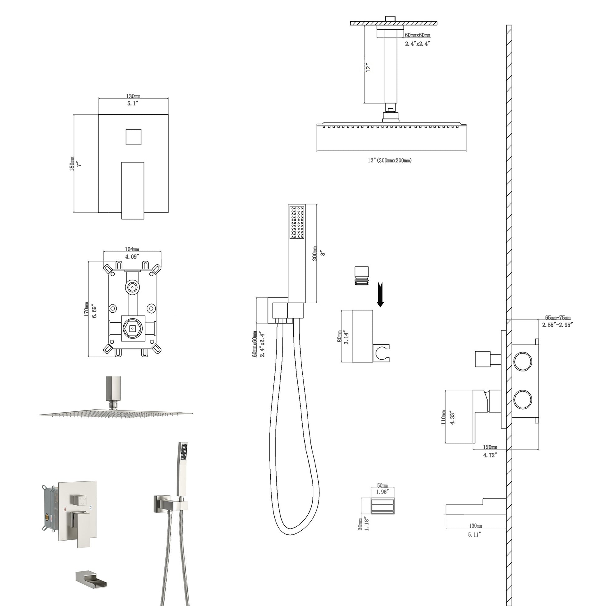 Shower System With Waterfall Tub Spout,12 Inch Ceiling Mount Square Shower System With Rough In Valve, Brushed Nickel Brushed Nickel Stainless Steel